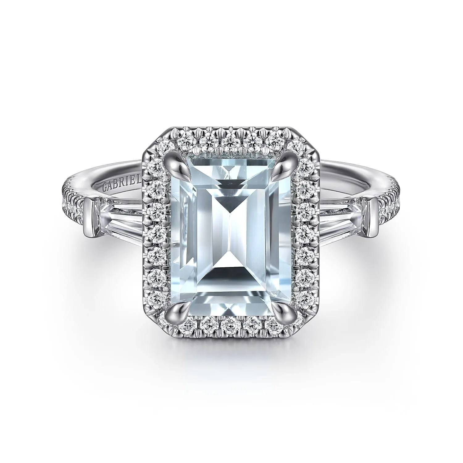 Emerald Cut Three Stone Halo Aquamarine and Diamond Engagement Ring