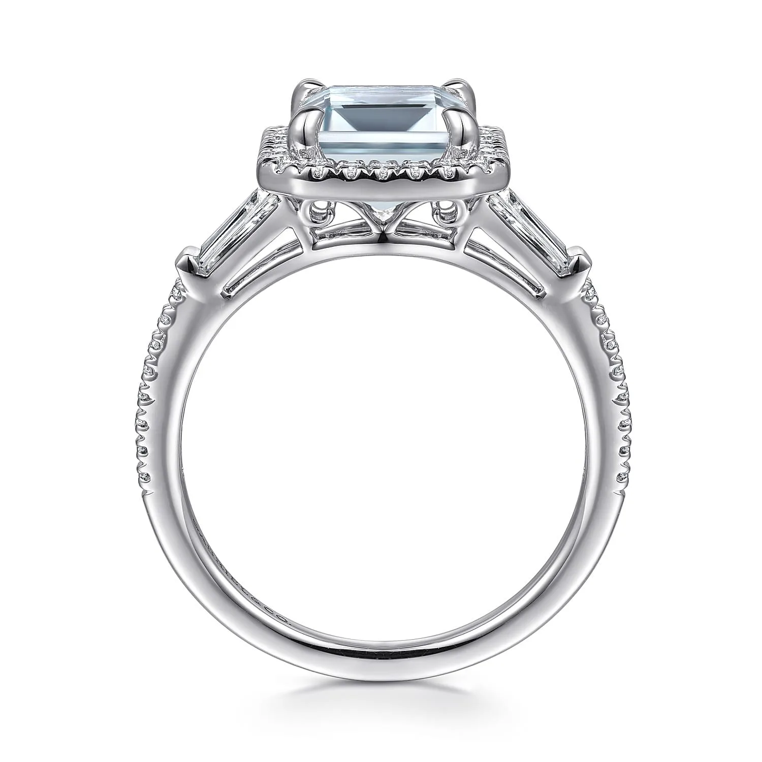 Emerald Cut Three Stone Halo Aquamarine and Diamond Engagement Ring in 14K White Gold, photograph 2
