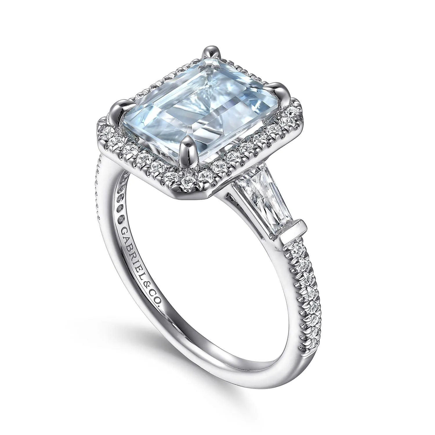 Emerald Cut Three Stone Halo Aquamarine and Diamond Engagement Ring in 14K White Gold, photograph 3