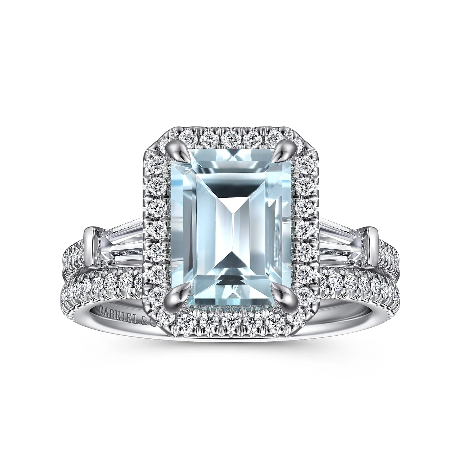 Emerald Cut Three Stone Halo Aquamarine and Diamond Engagement Ring in 14K White Gold, photograph 4