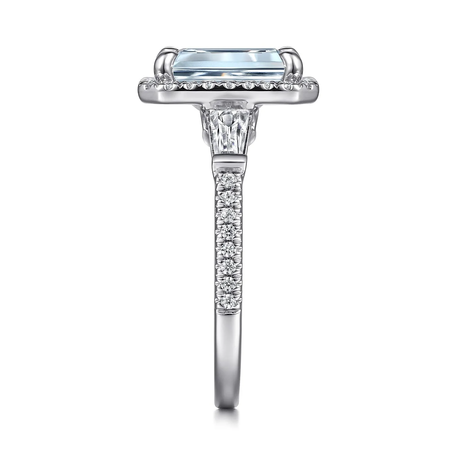 Emerald Cut Three Stone Halo Aquamarine and Diamond Engagement Ring in 14K White Gold, photograph 5