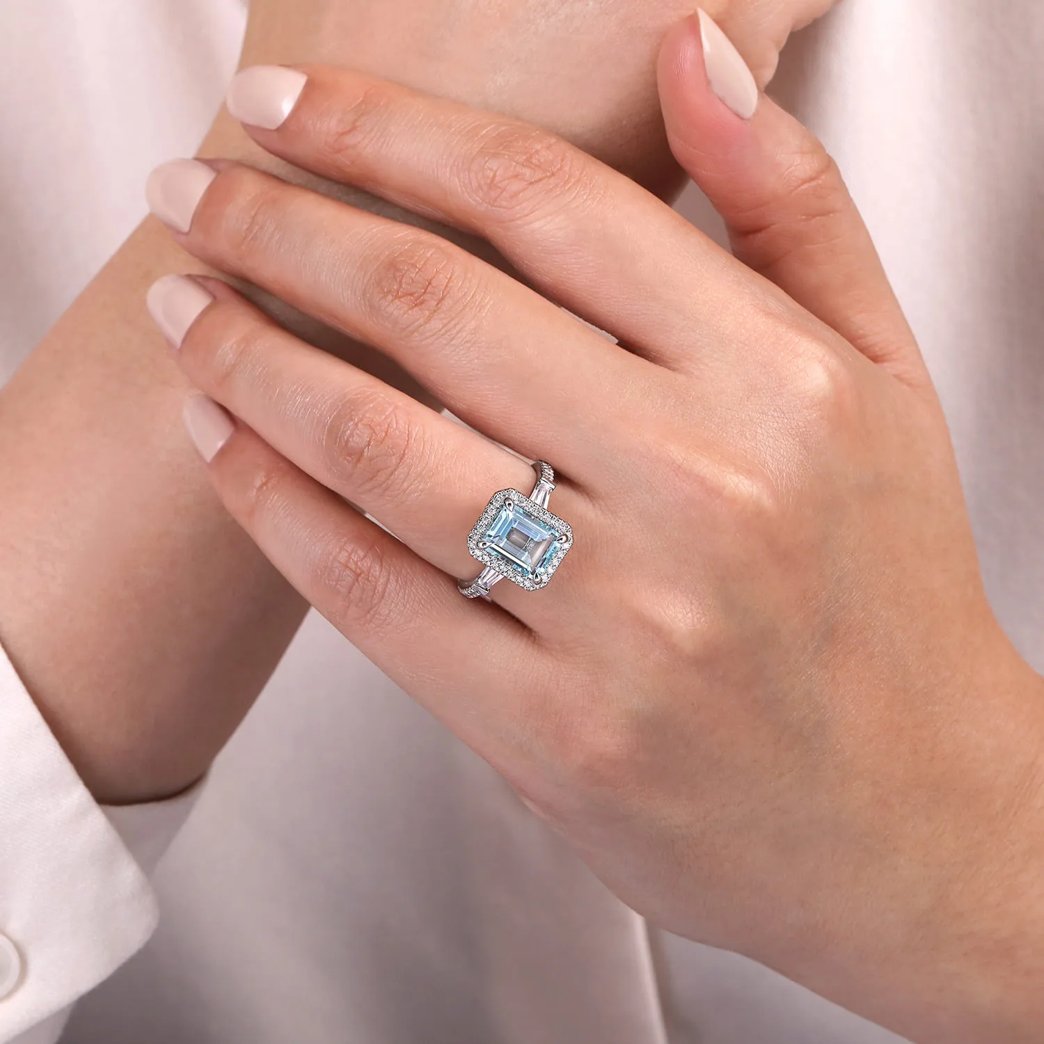 Emerald Cut Three Stone Halo Aquamarine and Diamond Engagement Ring in 14K White Gold, photograph 6