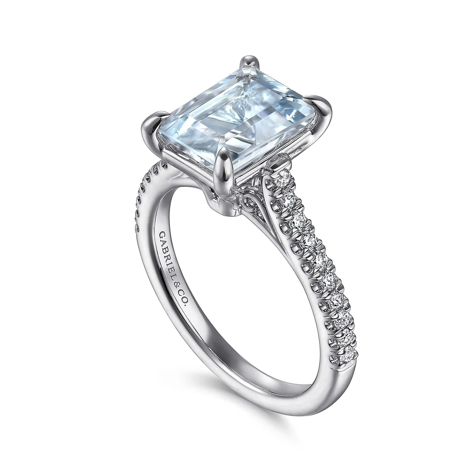 Emerald Cut Aquamarine and Diamond Engagement Ring in 14K White Gold, photograph 3
