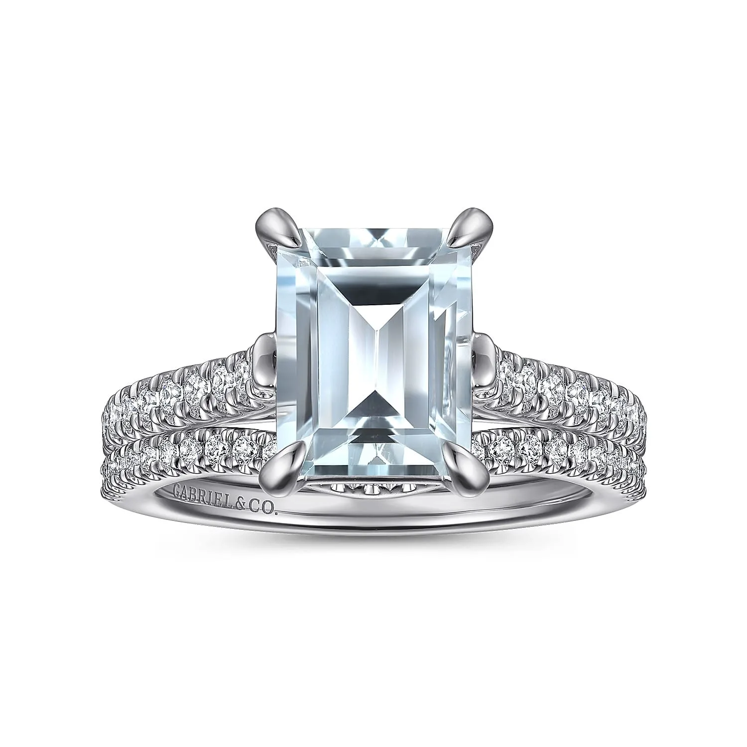Emerald Cut Aquamarine and Diamond Engagement Ring in 14K White Gold, photograph 4