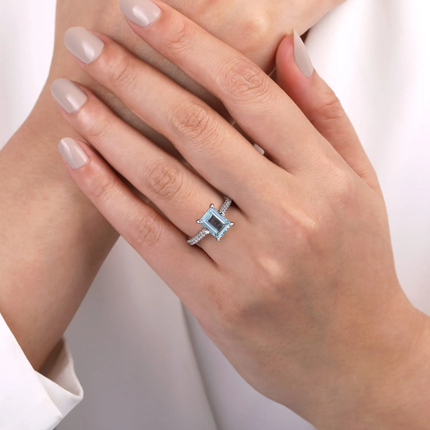 Emerald Cut Aquamarine and Diamond Engagement Ring in 14K White Gold, photograph 6