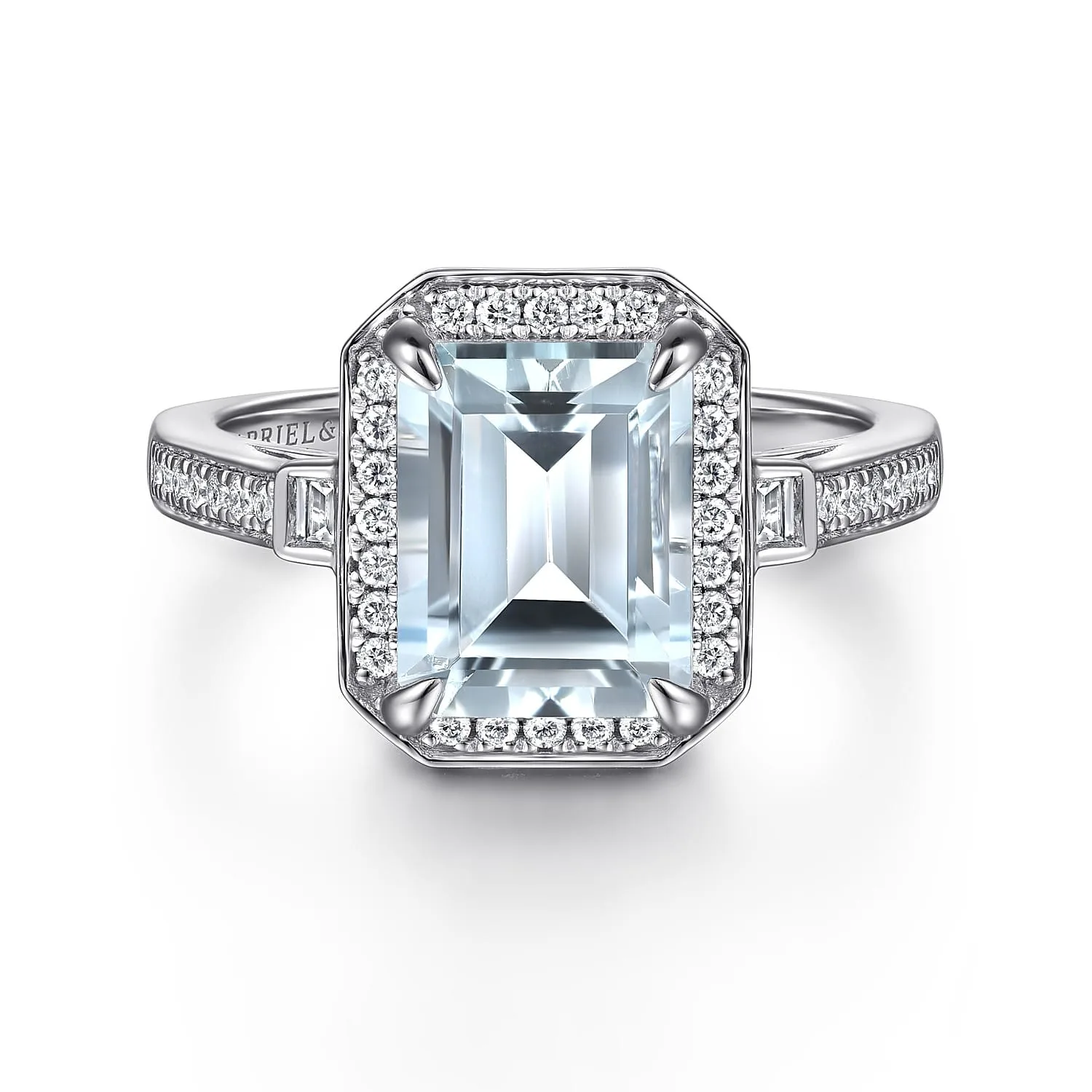 Emerald Three Stone Halo Aquamarine and Diamond Engagement Ring in 14K White Gold