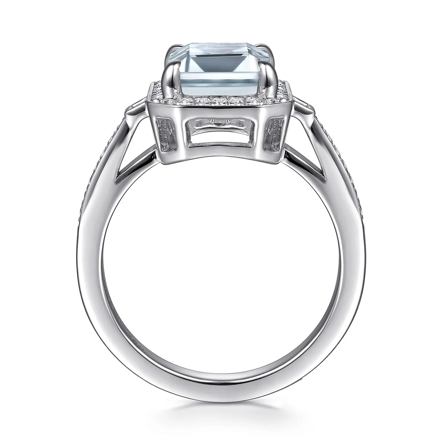 Emerald Three Stone Halo Aquamarine and Diamond Engagement Ring in 14K White Gold, photograph 2