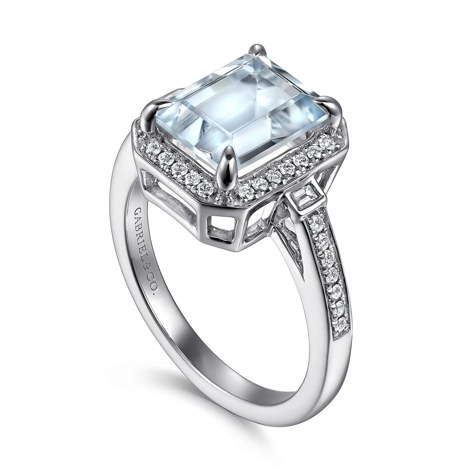 Emerald Three Stone Halo Aquamarine and Diamond Engagement Ring in 14K White Gold, photograph 3