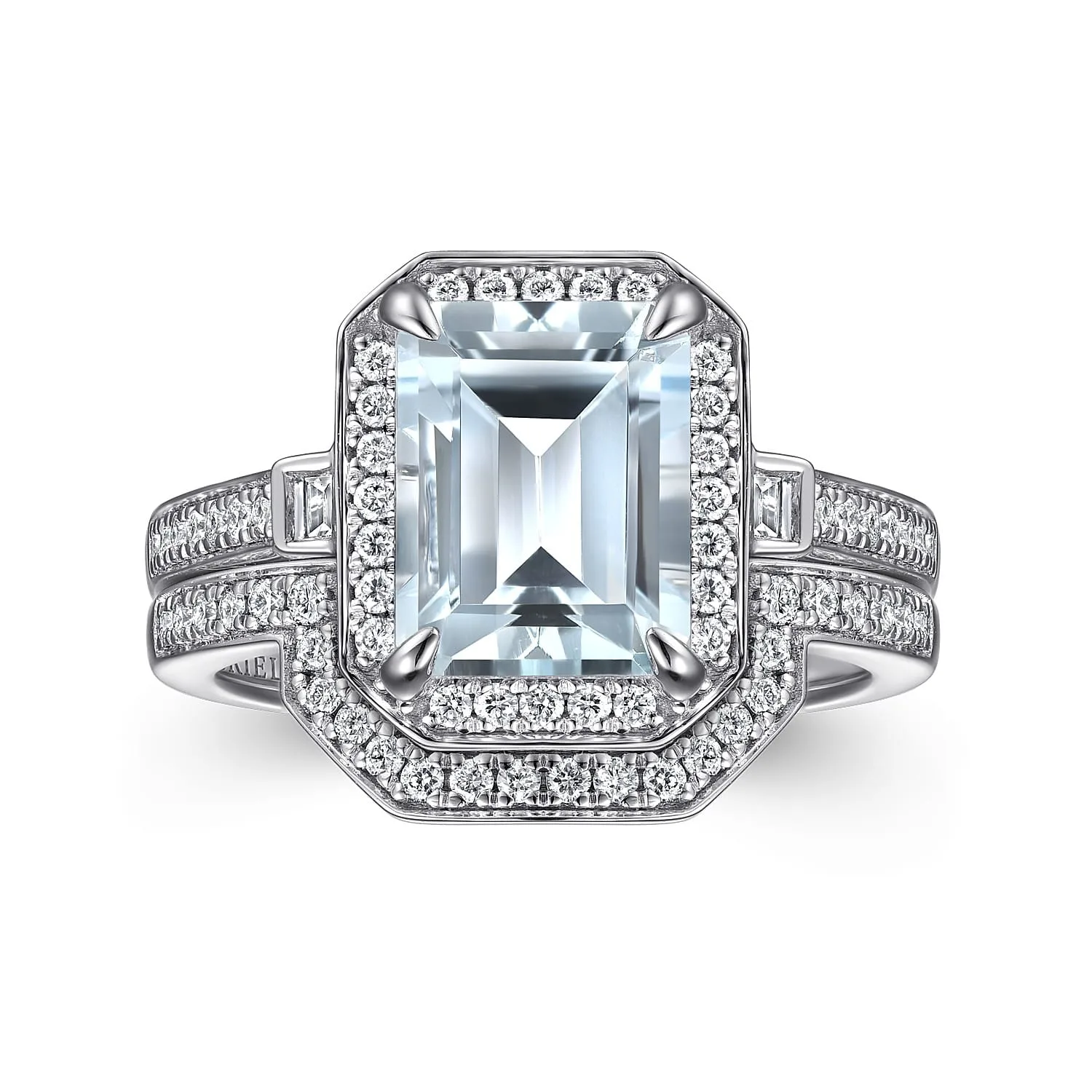 Emerald Three Stone Halo Aquamarine and Diamond Engagement Ring in 14K White Gold, photograph 4