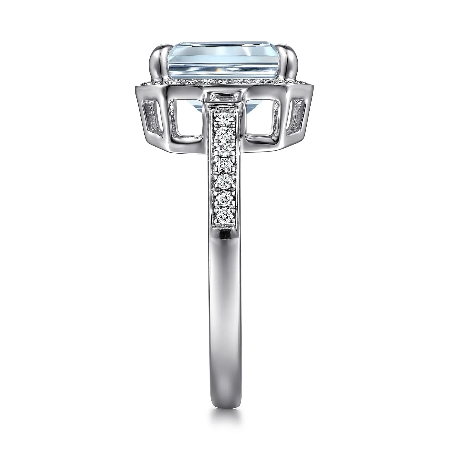 Emerald Three Stone Halo Aquamarine and Diamond Engagement Ring in 14K White Gold, photograph 5