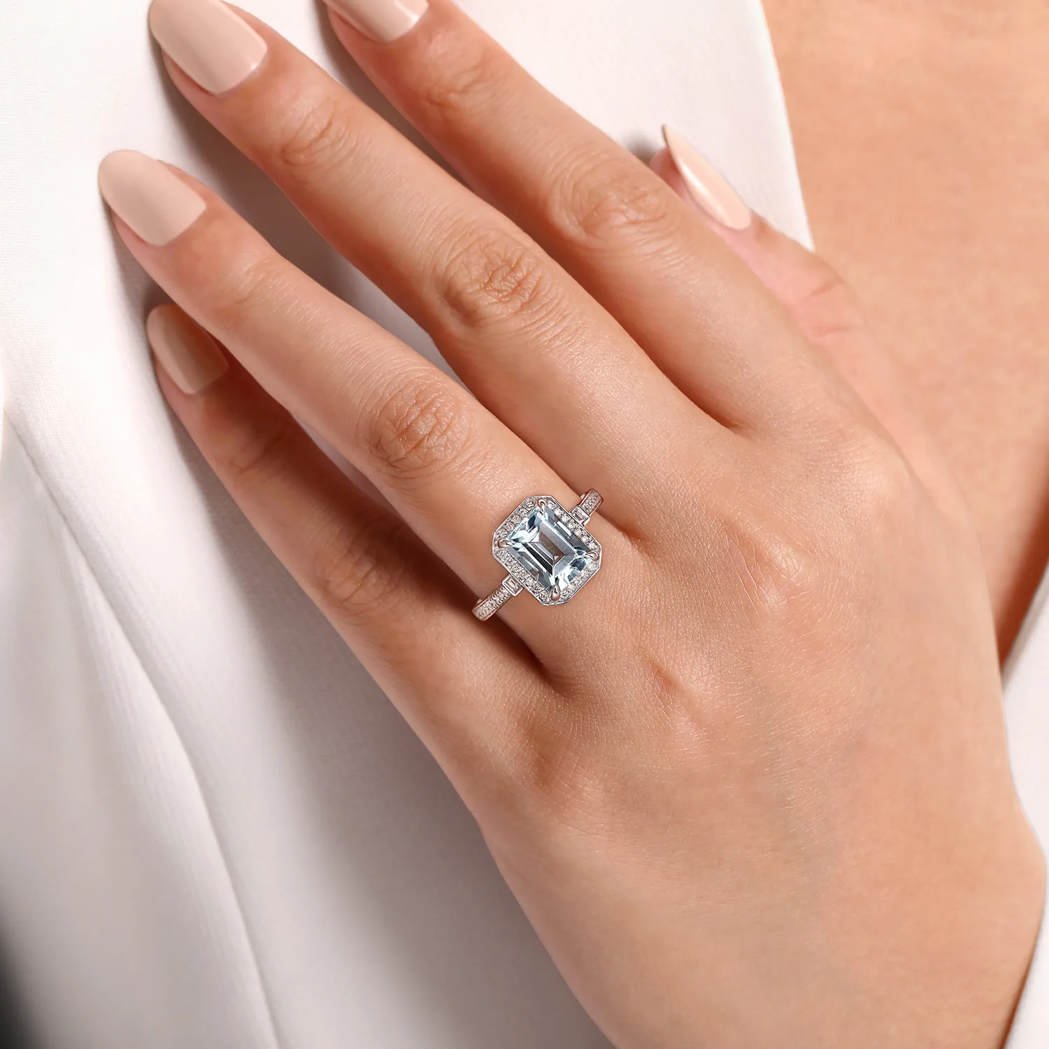 Emerald Three Stone Halo Aquamarine and Diamond Engagement Ring in 14K White Gold, photograph 6