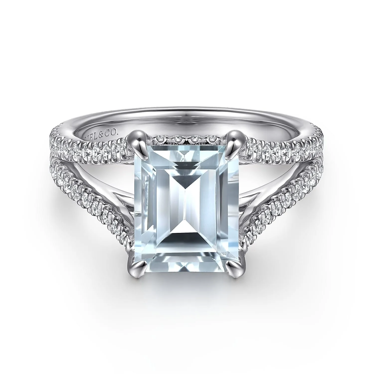 Split Foundation Emerald Cut Aquamarine and Diamond Engagement Ring