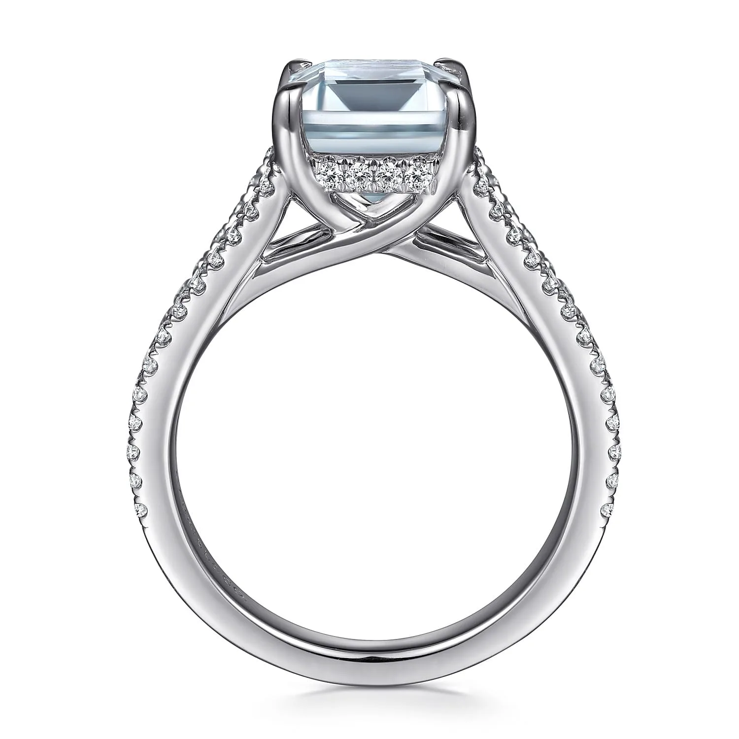 Split Foundation Emerald Cut Aquamarine and Diamond Engagement Ring in 14K White Gold, photograph 2