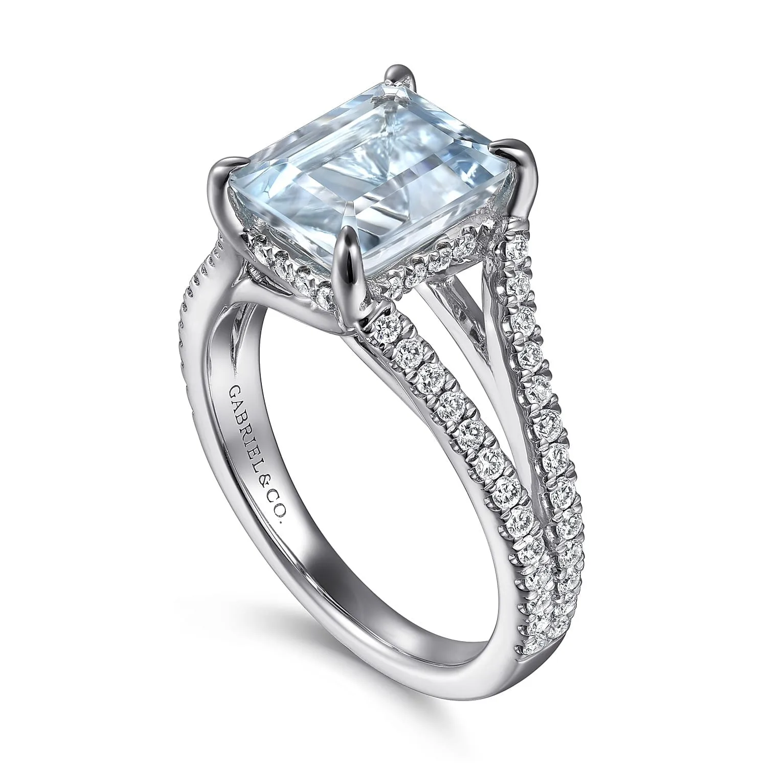 Split Foundation Emerald Cut Aquamarine and Diamond Engagement Ring in 14K White Gold, photograph 3