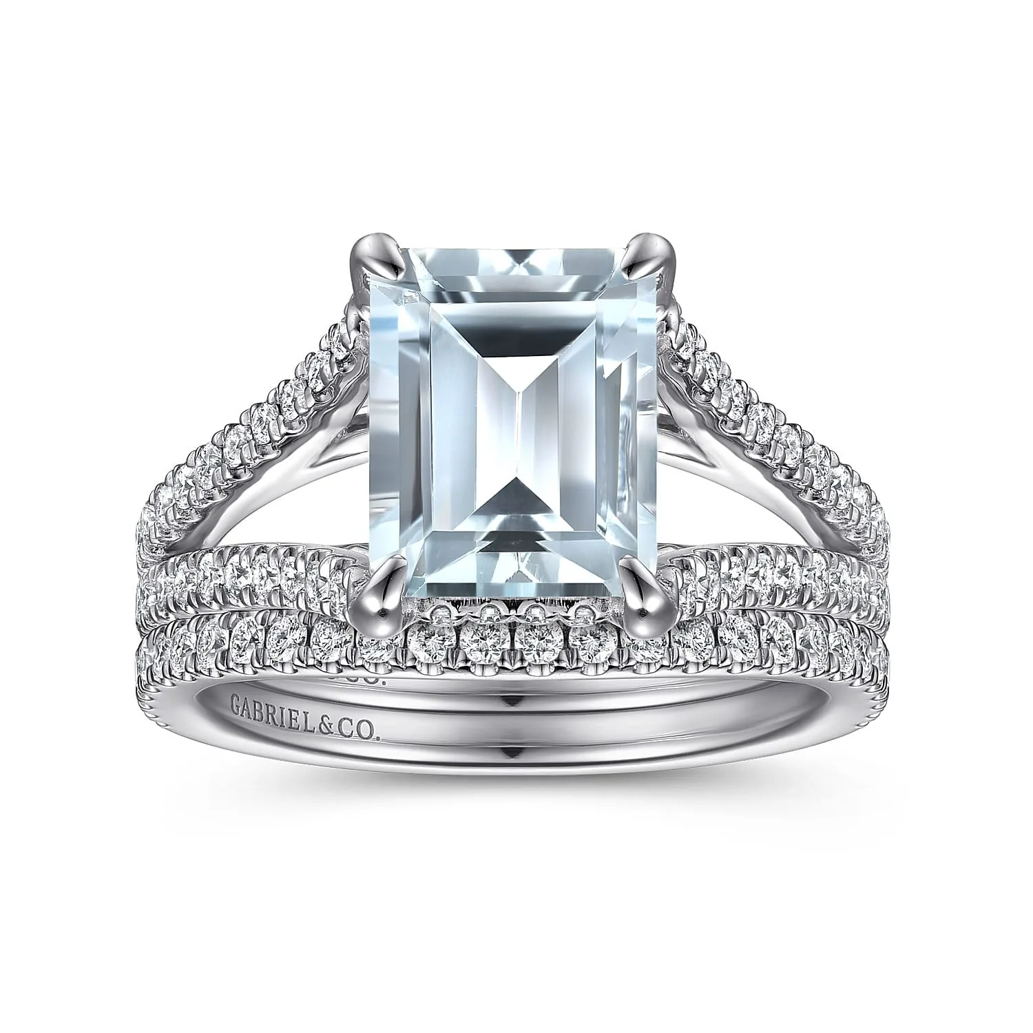 Split Foundation Emerald Cut Aquamarine and Diamond Engagement Ring in 14K White Gold, photograph 4