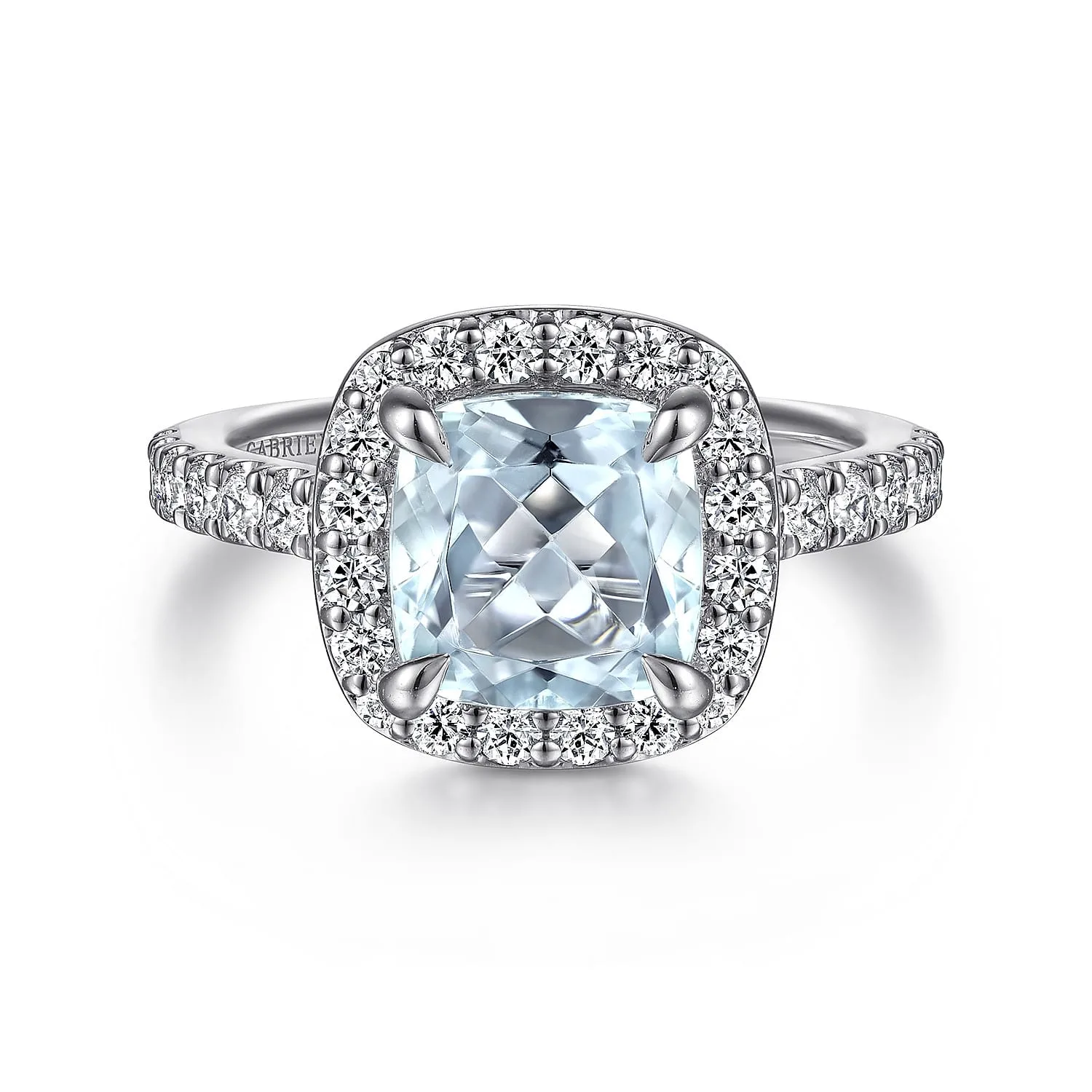 Cushion Halo Round Aquamarine and Diamond Engagement Ring