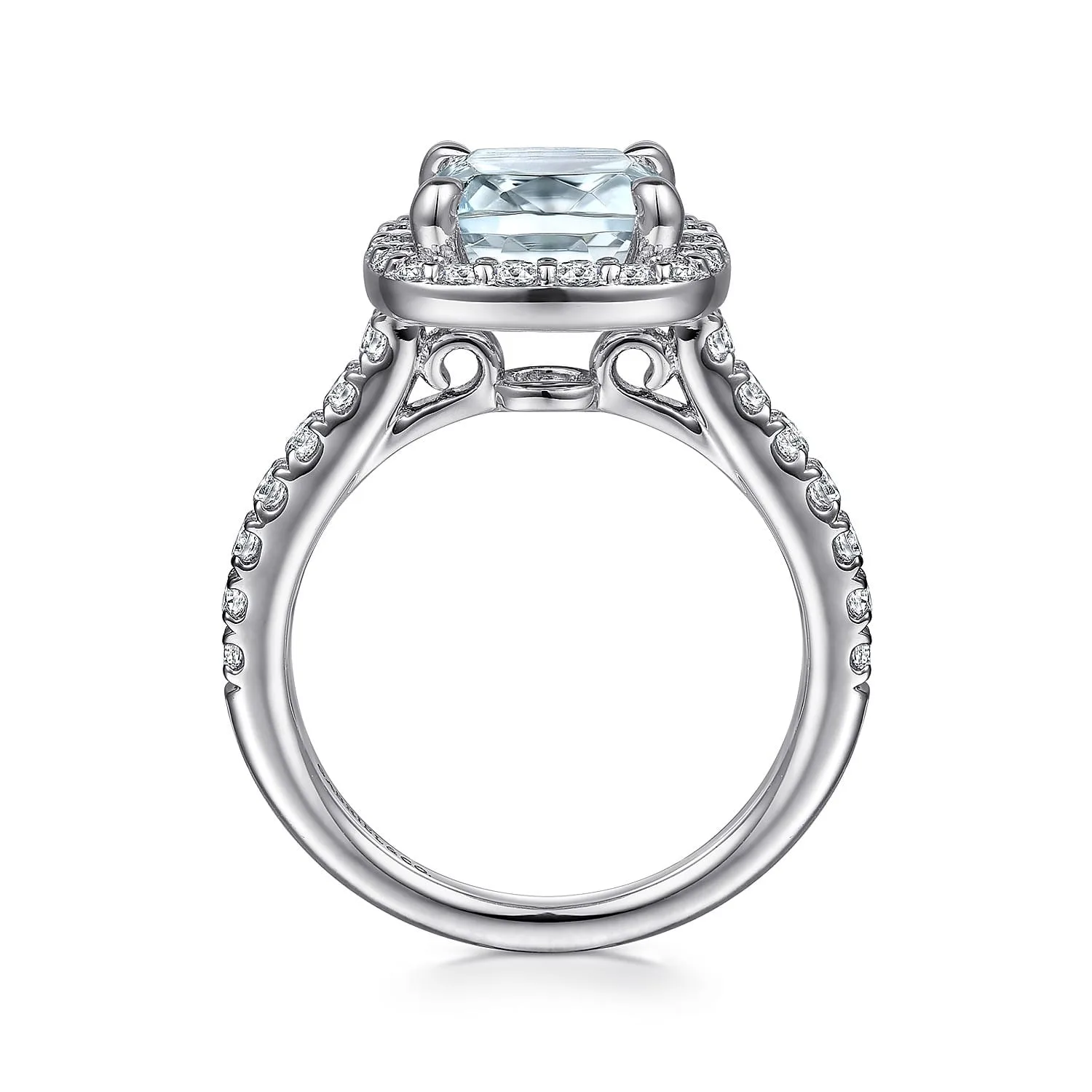 Cushion Halo Round Aquamarine and Diamond Engagement Ring in 14K White Gold, photograph 2