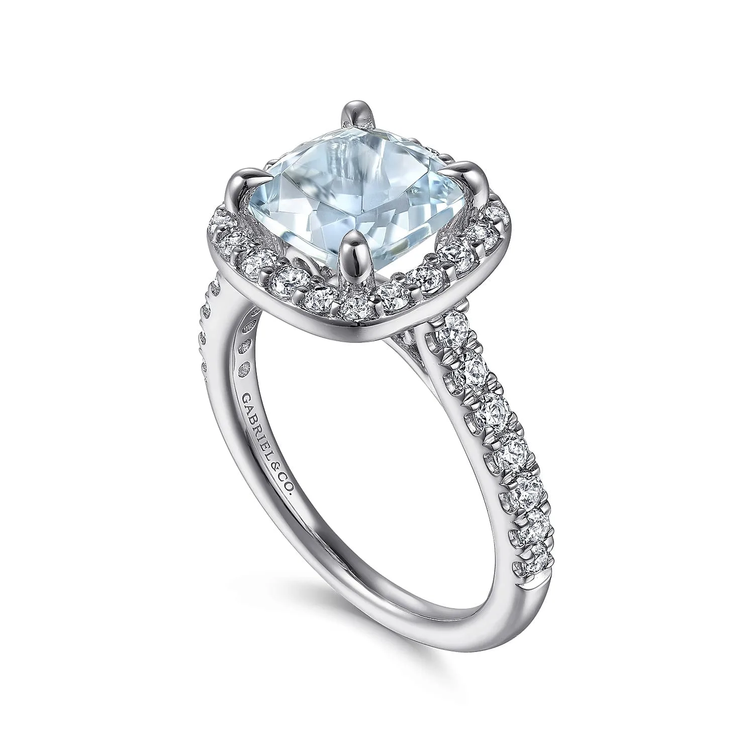 Cushion Halo Round Aquamarine and Diamond Engagement Ring in 14K White Gold, photograph 3