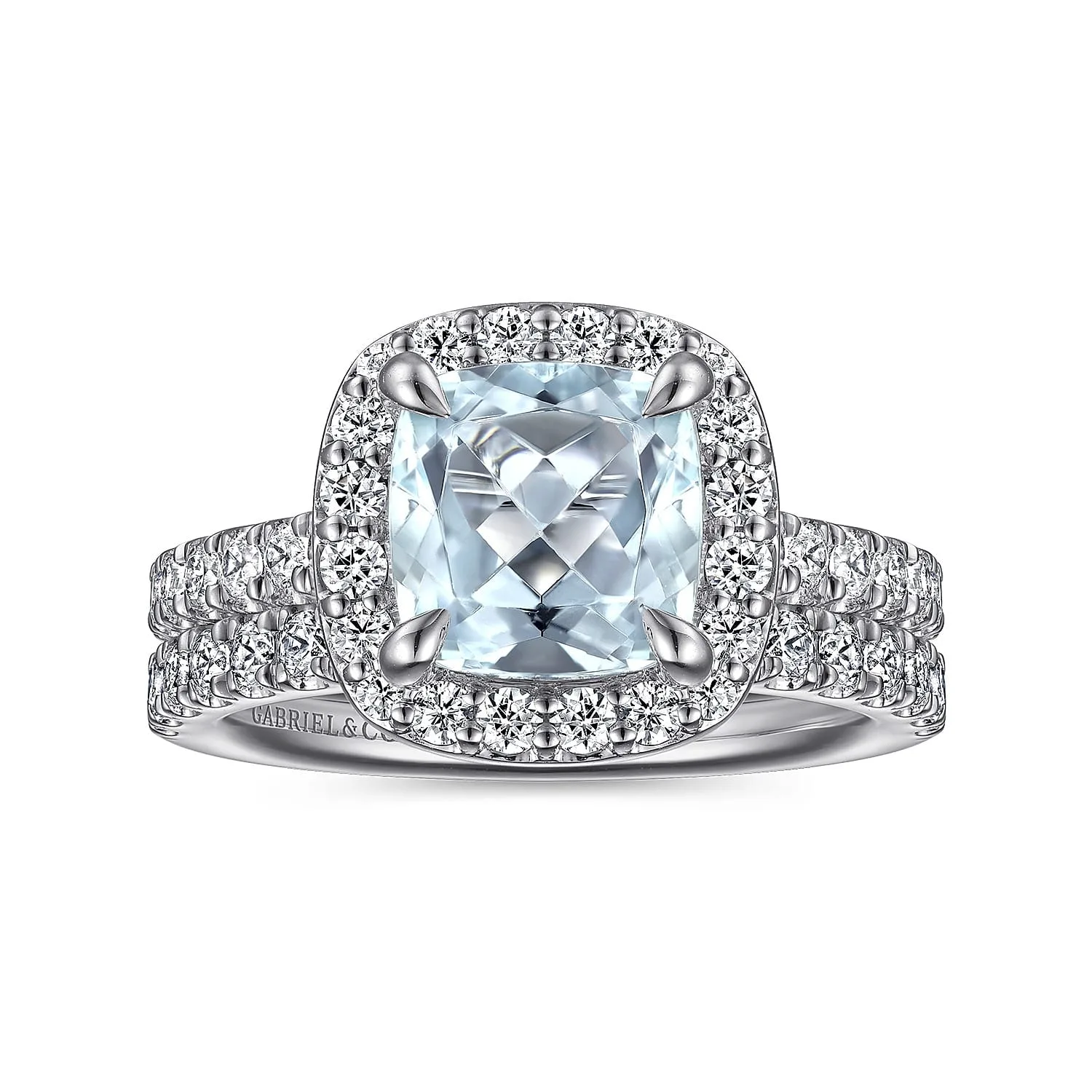 Cushion Halo Round Aquamarine and Diamond Engagement Ring in 14K White Gold, photograph 4