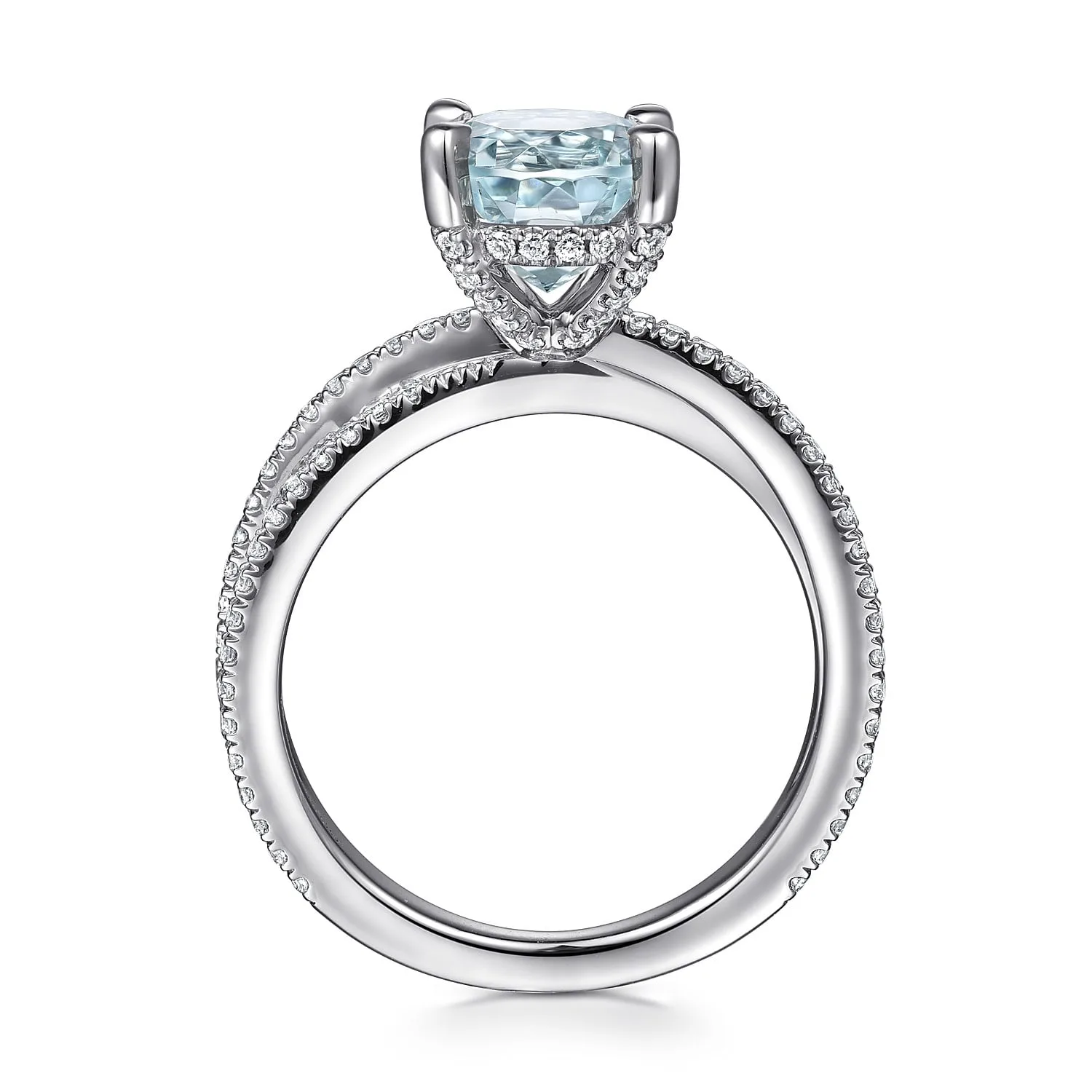 Split Foundation Round Aquamarine and Diamond Engagement Ring in 14K White Gold, photograph 2