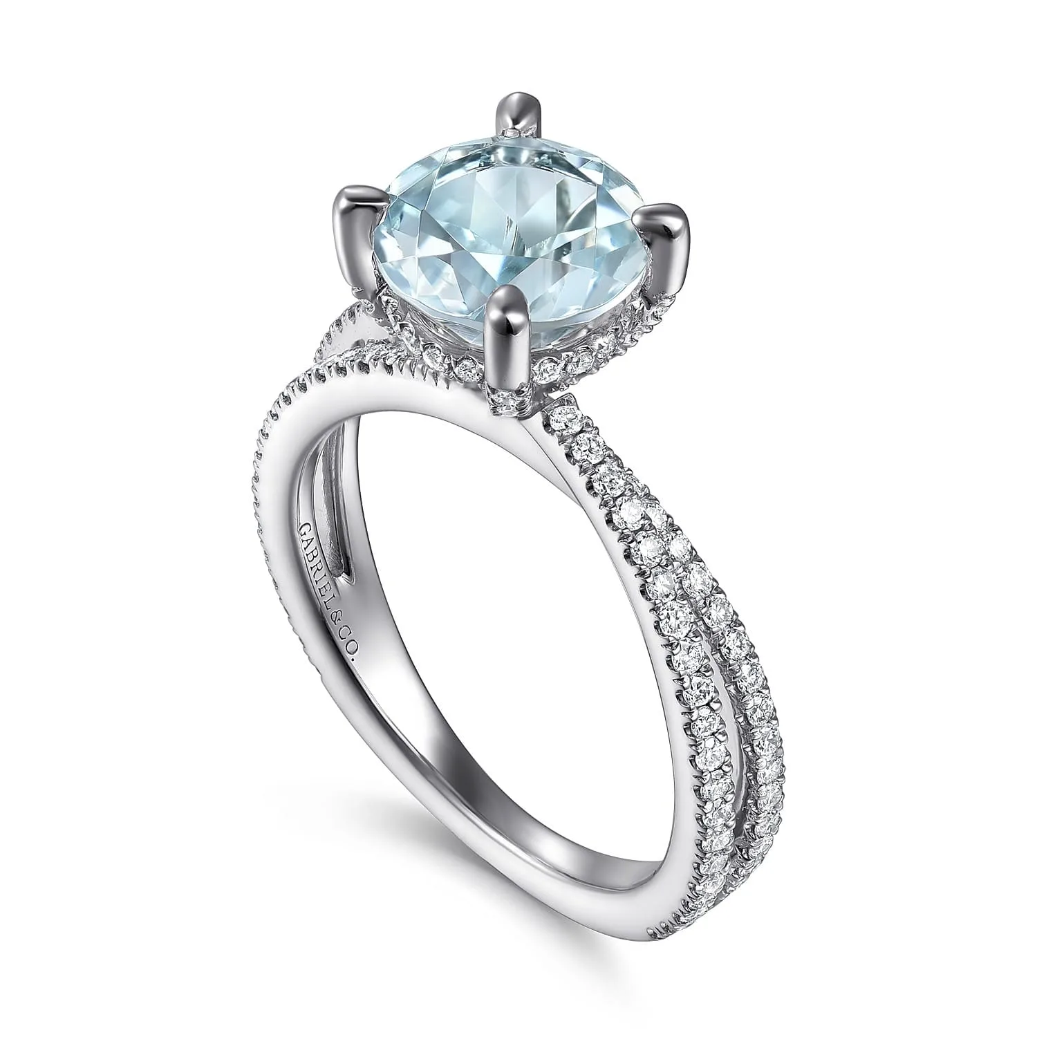 Split Foundation Round Aquamarine and Diamond Engagement Ring in 14K White Gold, photograph 3