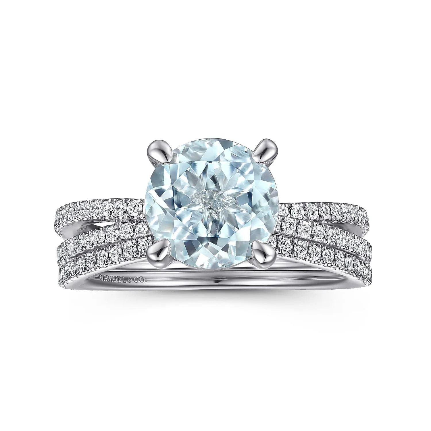 Split Foundation Round Aquamarine and Diamond Engagement Ring in 14K White Gold, photograph 4