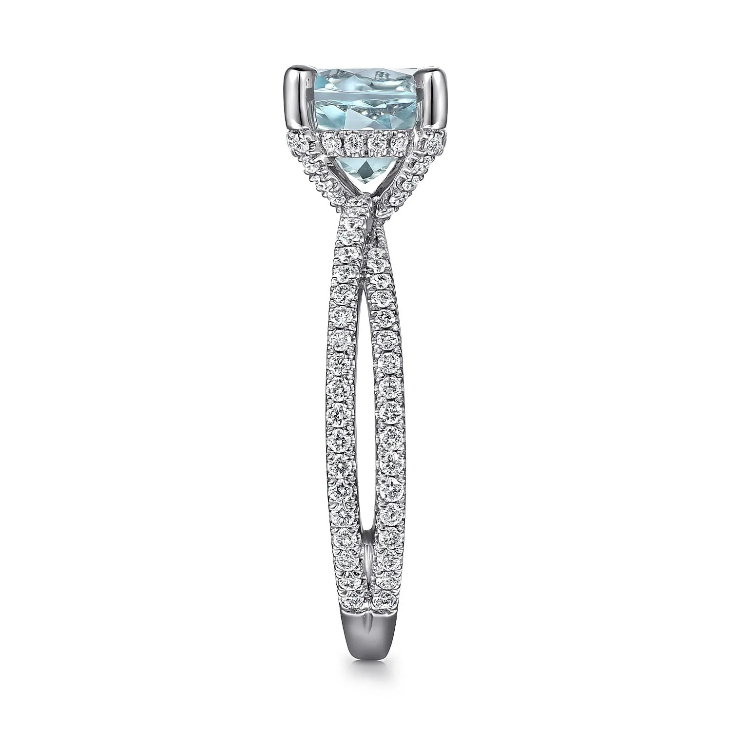 Split Foundation Round Aquamarine and Diamond Engagement Ring in 14K White Gold, photograph 5