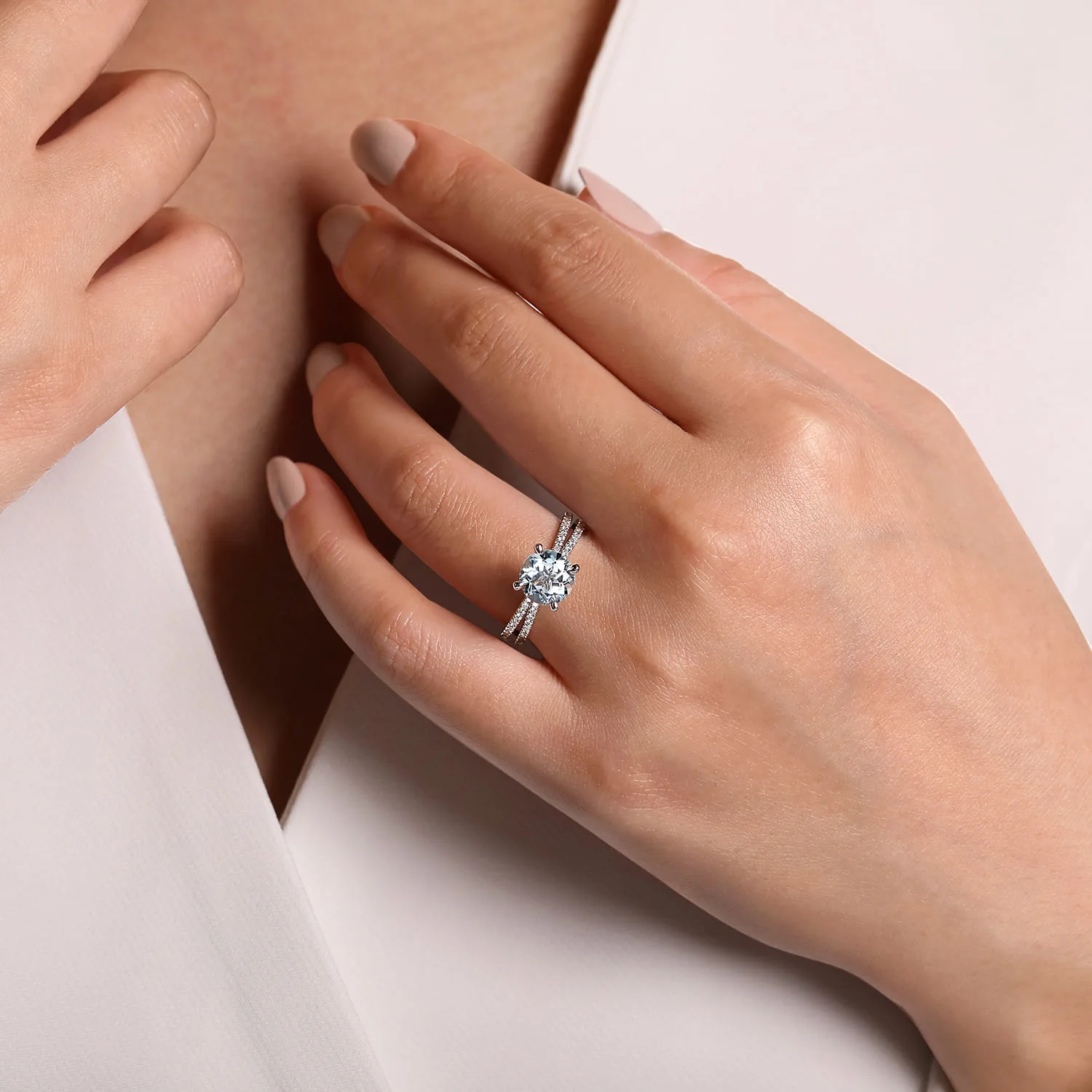 Split Foundation Round Aquamarine and Diamond Engagement Ring in 14K White Gold, photograph 6