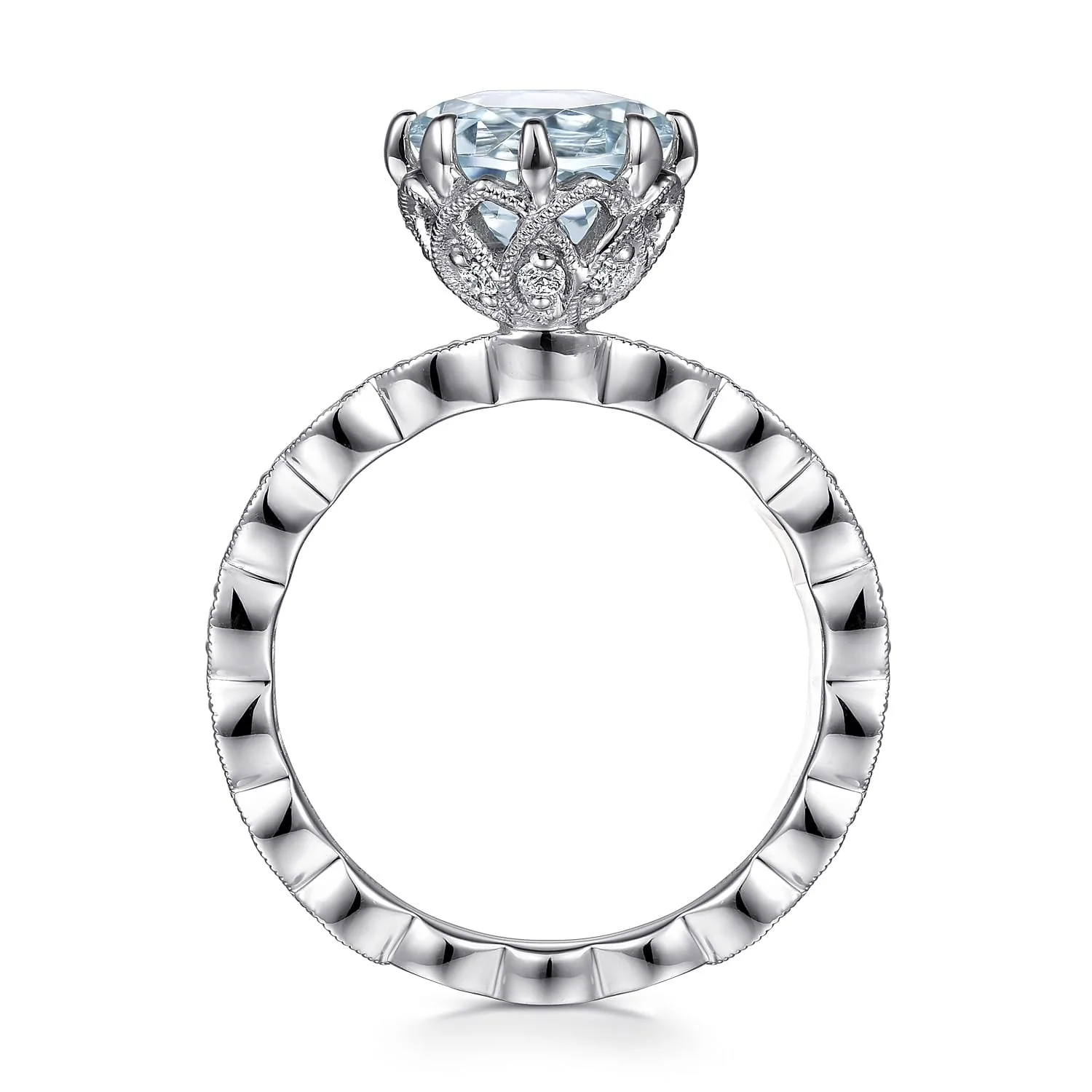 Vintage Inspired Aquamarine and Diamond Engagement Ring in 14K White Gold, photograph 2