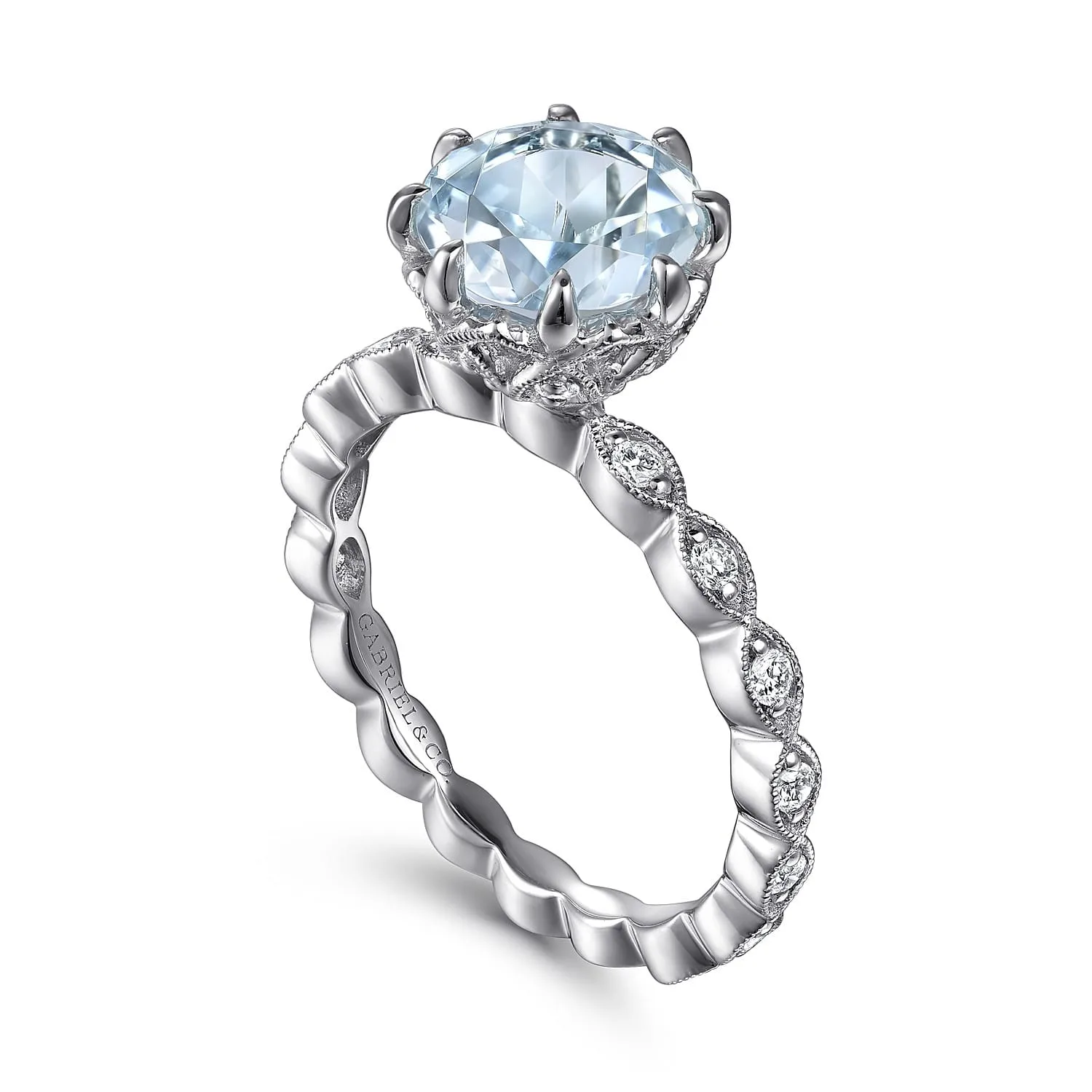 Vintage Inspired Aquamarine and Diamond Engagement Ring in 14K White Gold, photograph 3