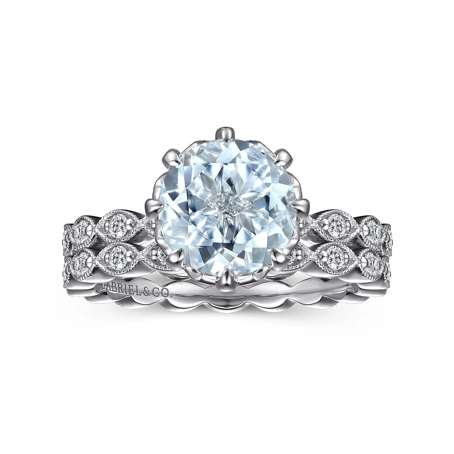 Vintage Inspired Aquamarine and Diamond Engagement Ring in 14K White Gold, photograph 4