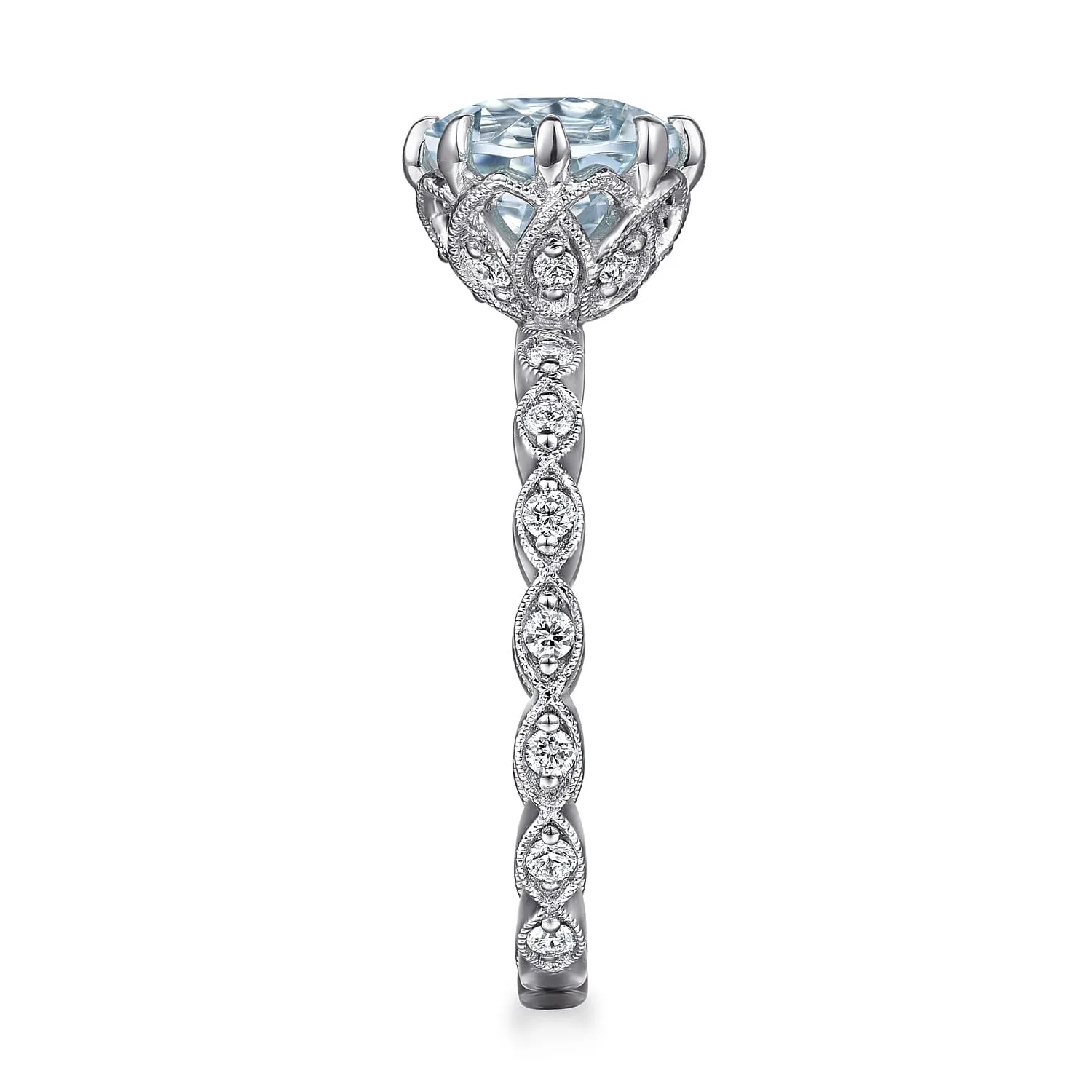 Vintage Inspired Aquamarine and Diamond Engagement Ring in 14K White Gold, photograph 5