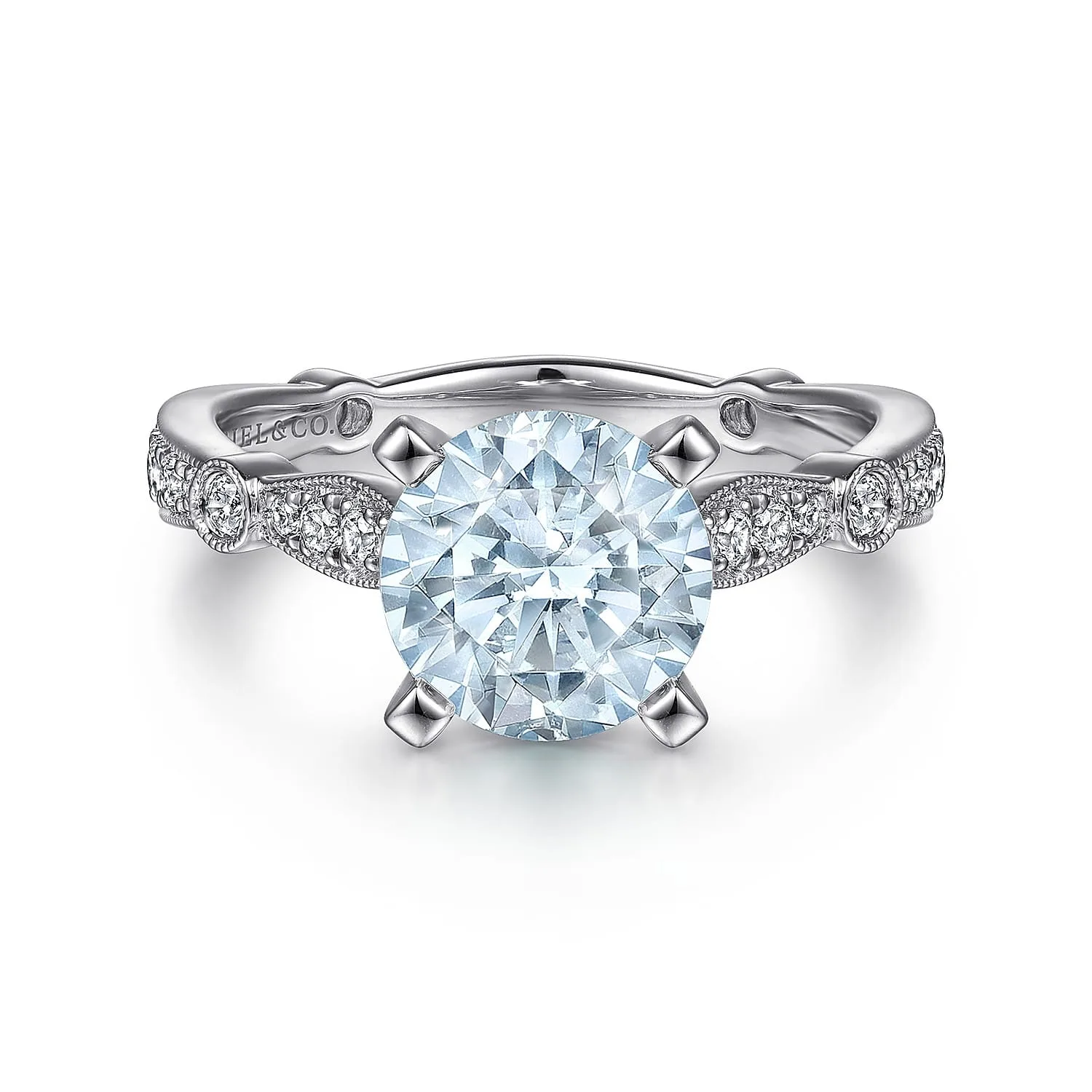Straight Round Aquamarine and Diamond Engagement Ring