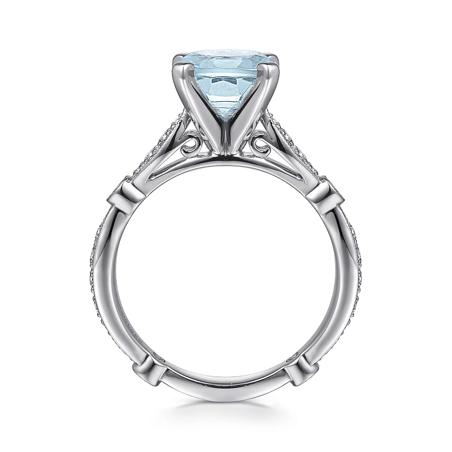 Straight Round Aquamarine and Diamond Engagement Ring in 14K White Gold, photograph 2