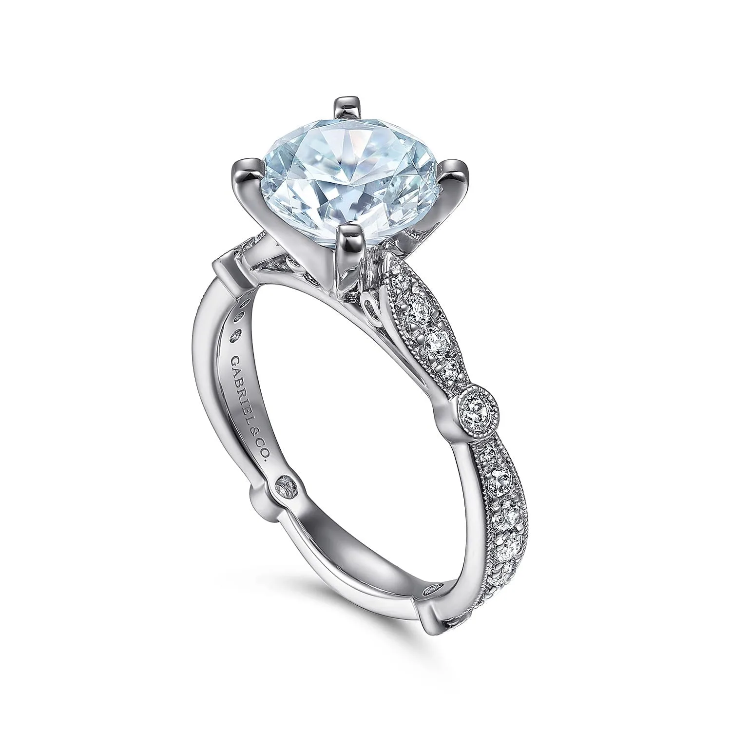 Straight Round Aquamarine and Diamond Engagement Ring in 14K White Gold, photograph 3