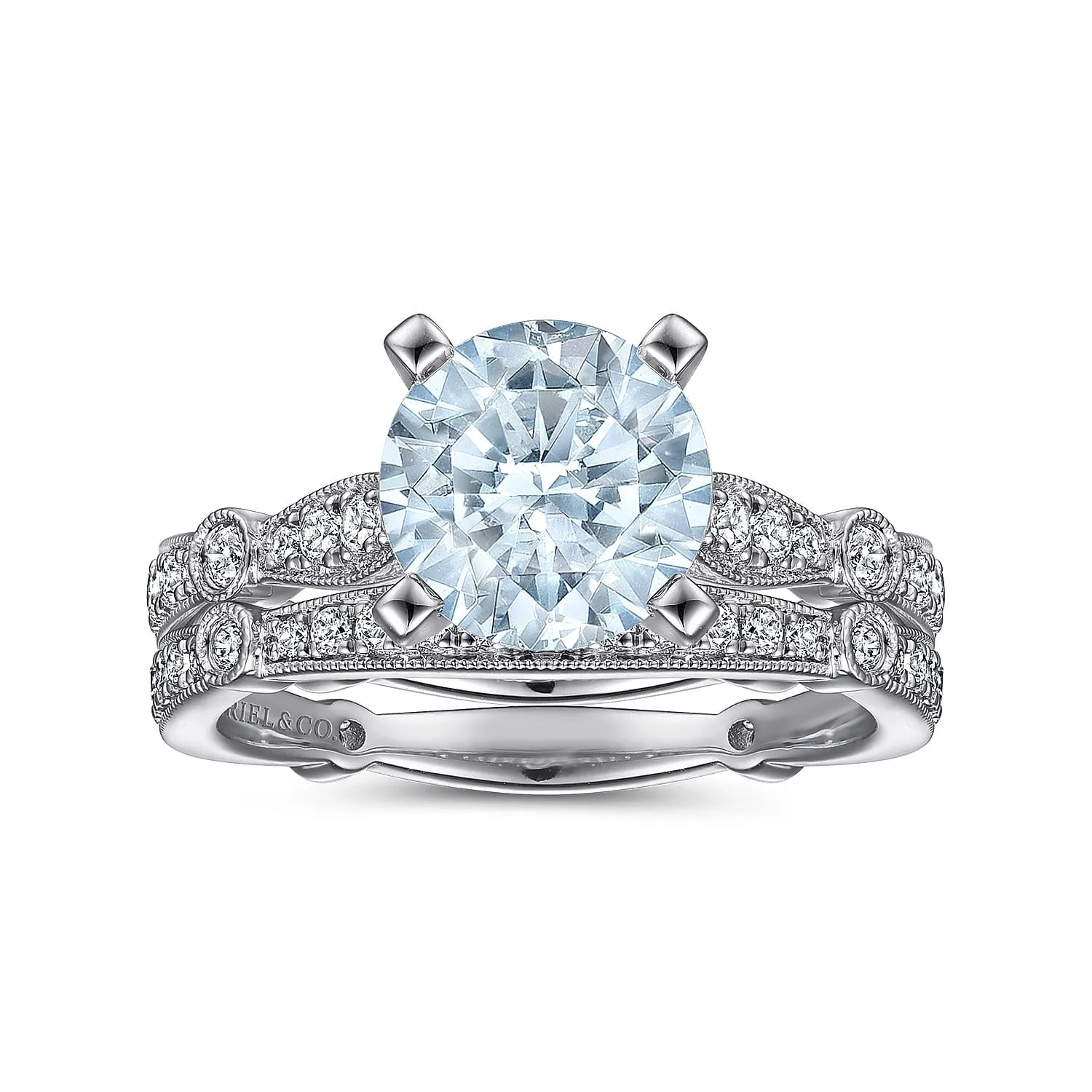 Straight Round Aquamarine and Diamond Engagement Ring in 14K White Gold, photograph 4