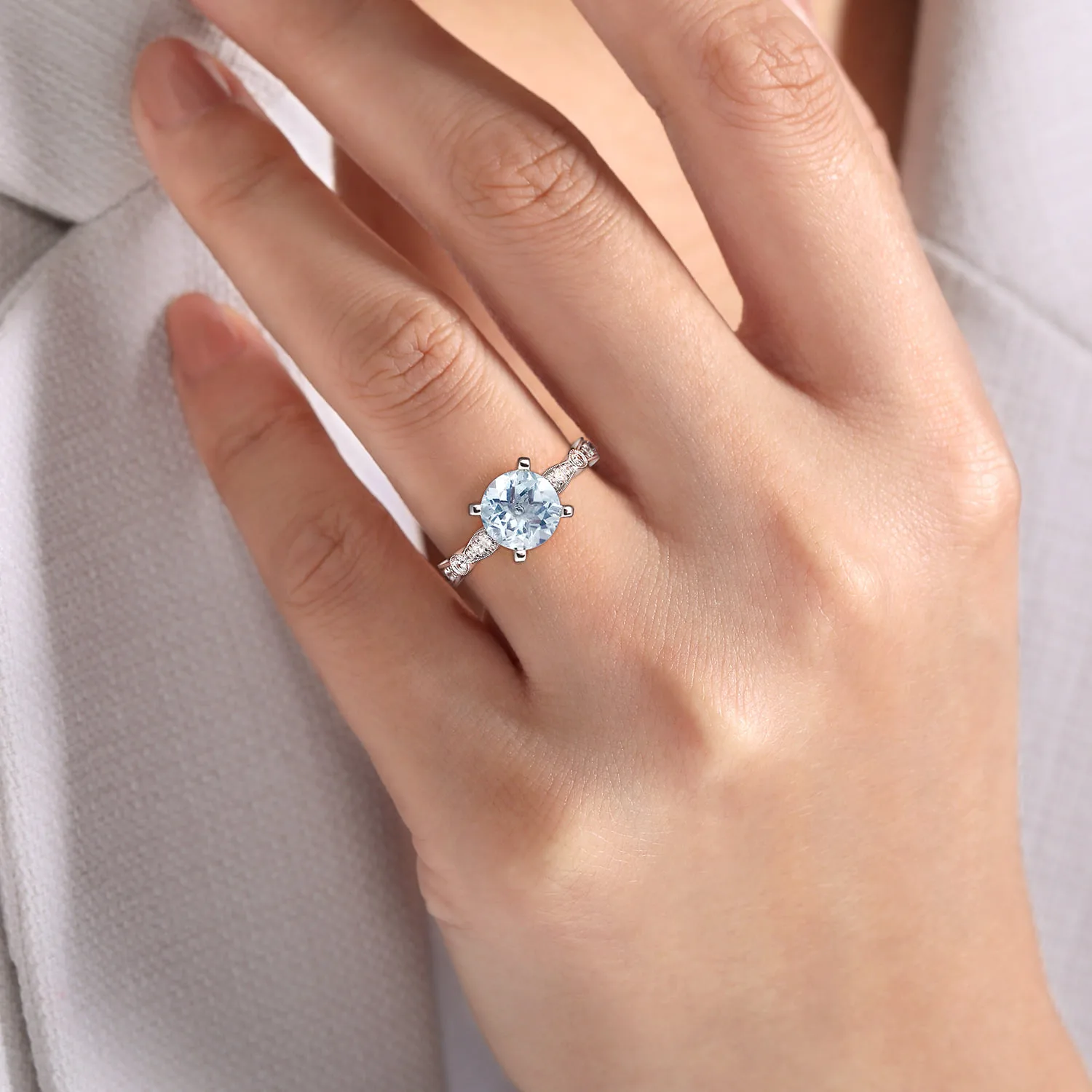 Straight Round Aquamarine and Diamond Engagement Ring in 14K White Gold, photograph 6