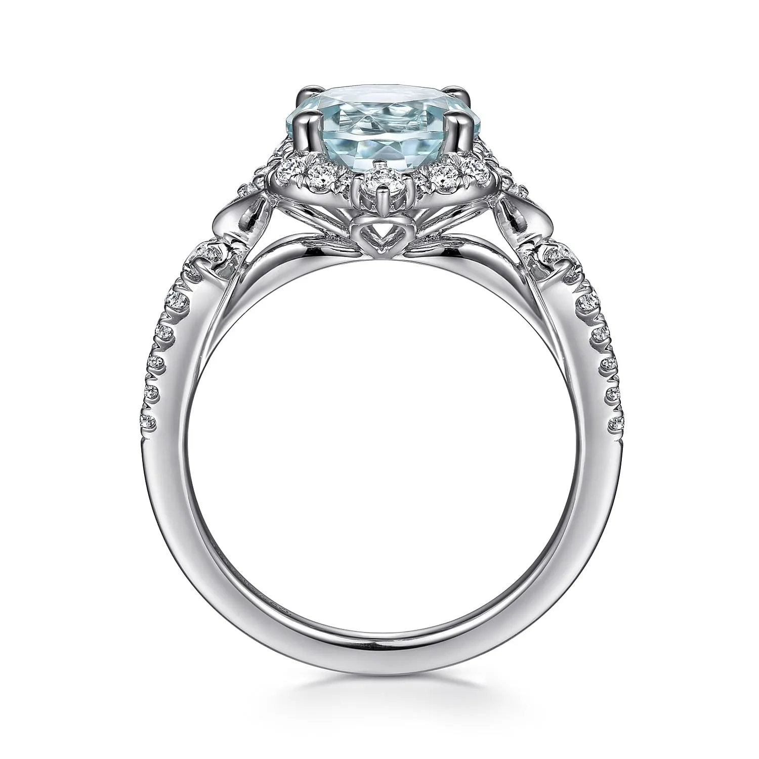 Vintage Inspired Aquamarine and Diamond Halo Engagement Ring in 14K White Gold, photograph 2