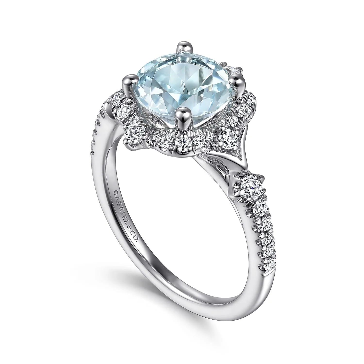 Vintage Inspired Aquamarine and Diamond Halo Engagement Ring in 14K White Gold, photograph 3