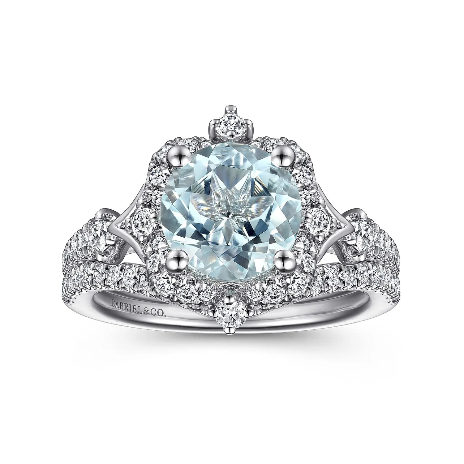 Vintage Inspired Aquamarine and Diamond Halo Engagement Ring in 14K White Gold, photograph 4