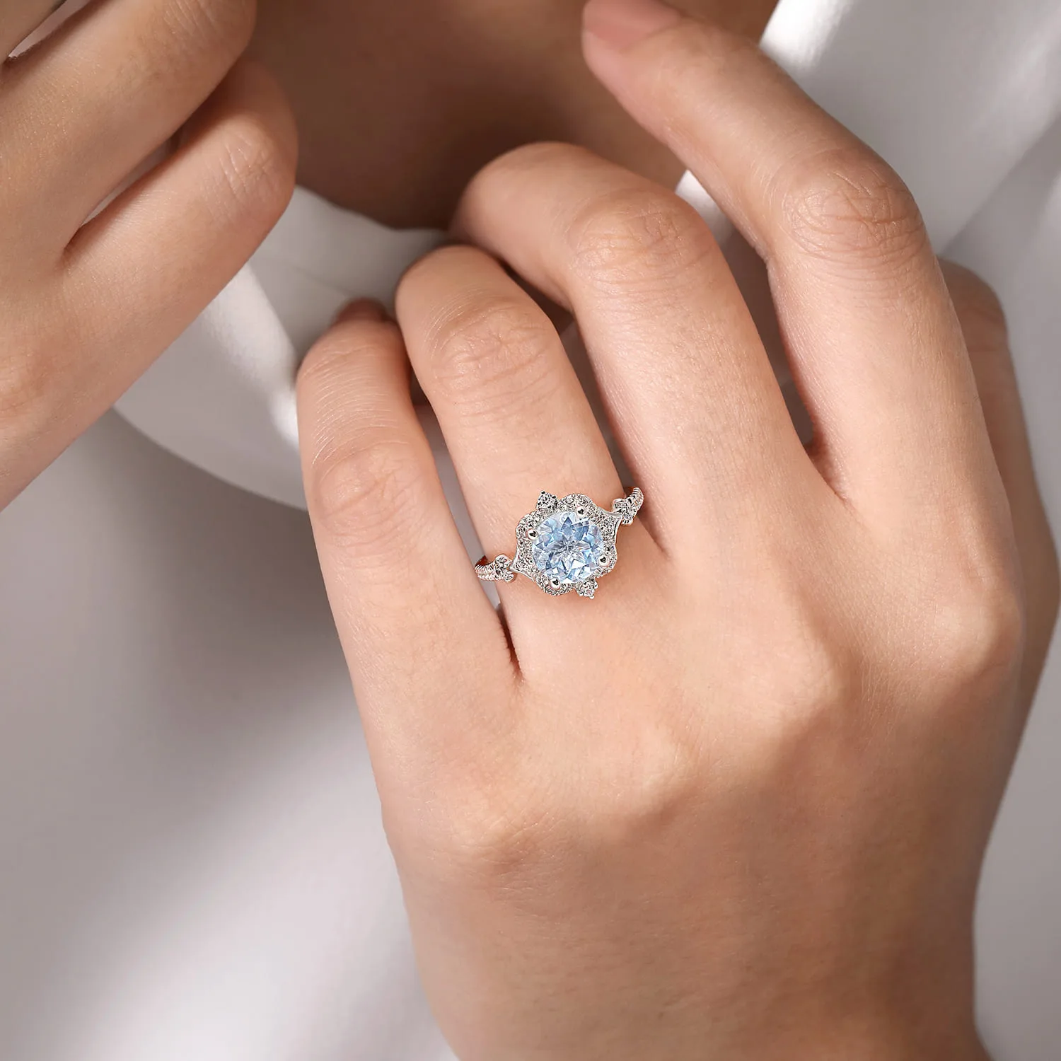 Vintage Inspired Aquamarine and Diamond Halo Engagement Ring in 14K White Gold, photograph 6