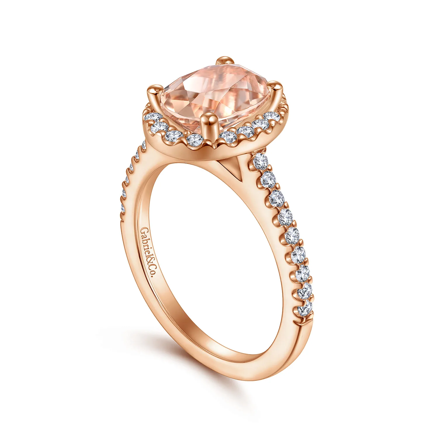 Oval Morganite and Diamond Halo Engagement Ring in 14K Rose Gold, photograph 3