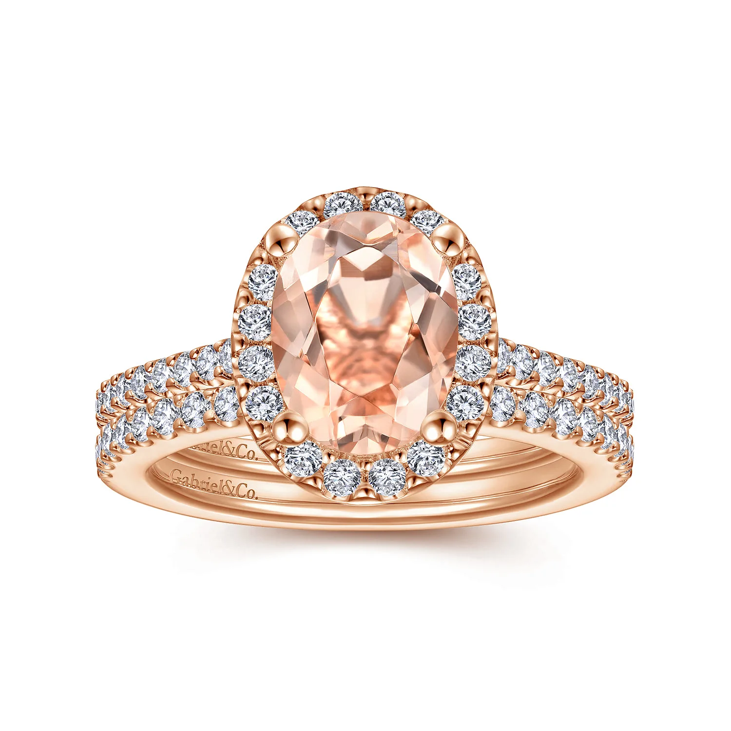 Oval Morganite and Diamond Halo Engagement Ring in 14K Rose Gold, photograph 4
