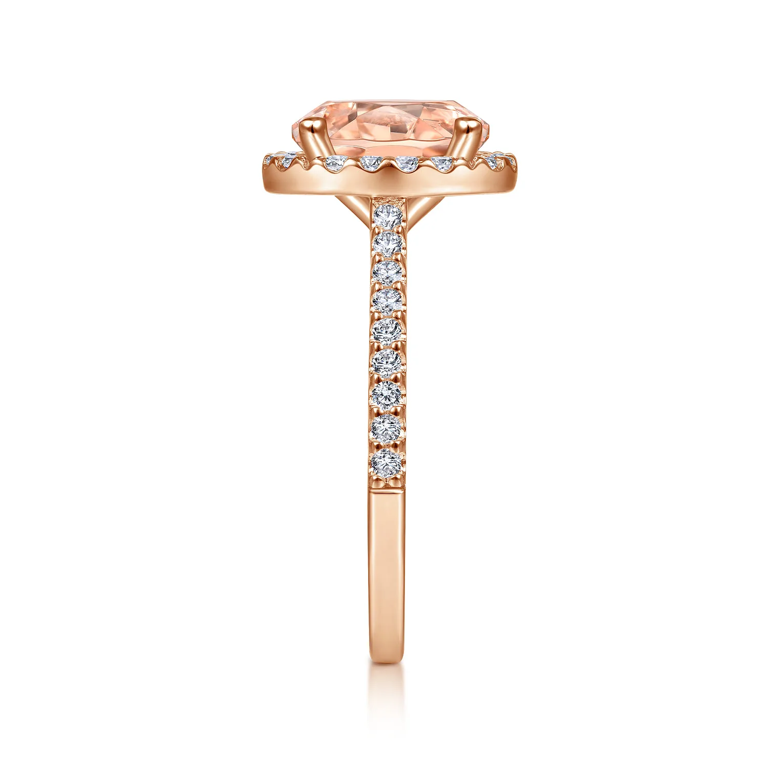 Oval Morganite and Diamond Halo Engagement Ring in 14K Rose Gold, photograph 5
