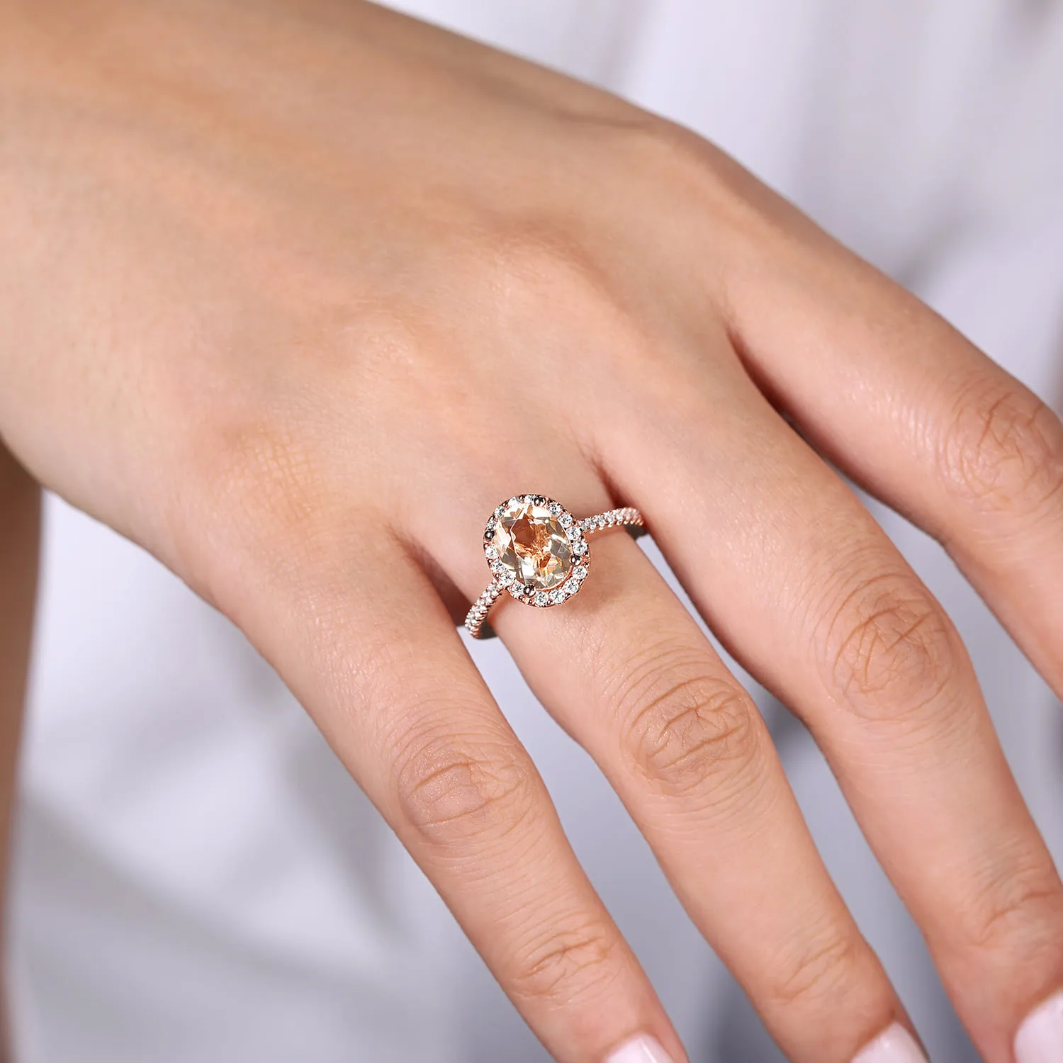 Oval Morganite and Diamond Halo Engagement Ring in 14K Rose Gold, photograph 6