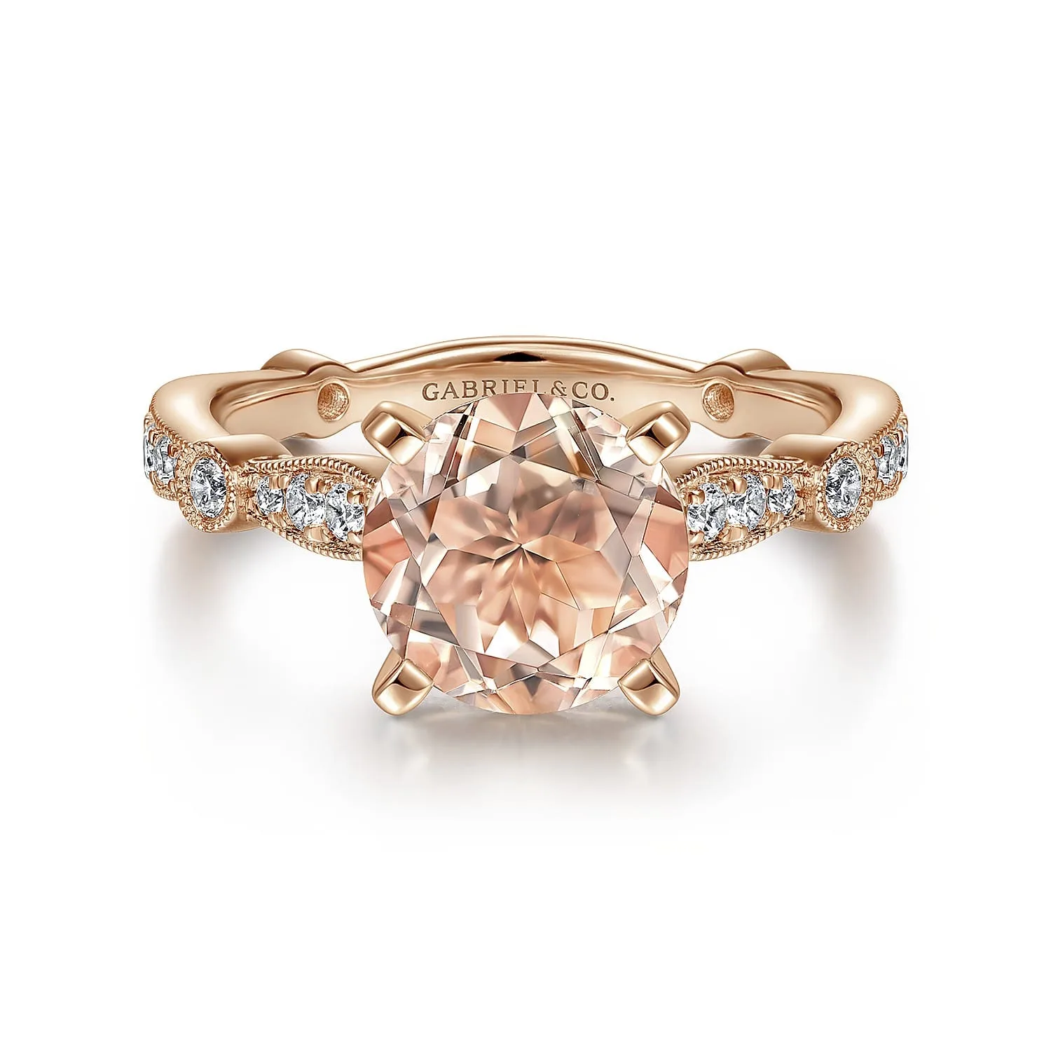 Vintage Inspired Round Morganite and Diamond Engagement Ring in 14K Rose Gold