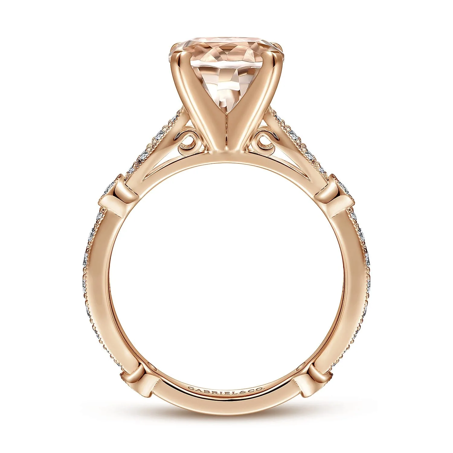 Vintage Inspired Round Morganite and Diamond Engagement Ring in 14K Rose Gold, photograph 2