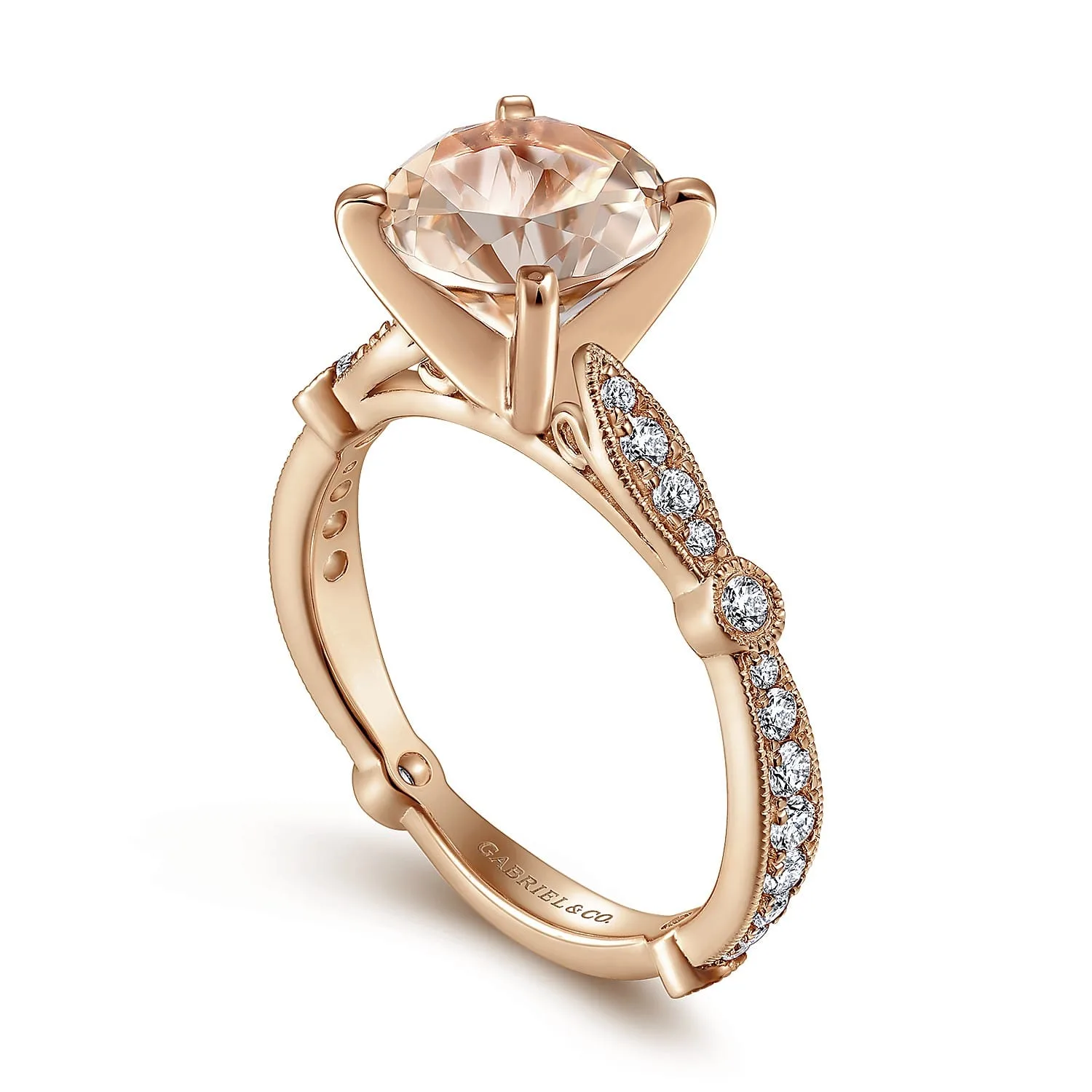 Vintage Inspired Round Morganite and Diamond Engagement Ring in 14K Rose Gold, photograph 3
