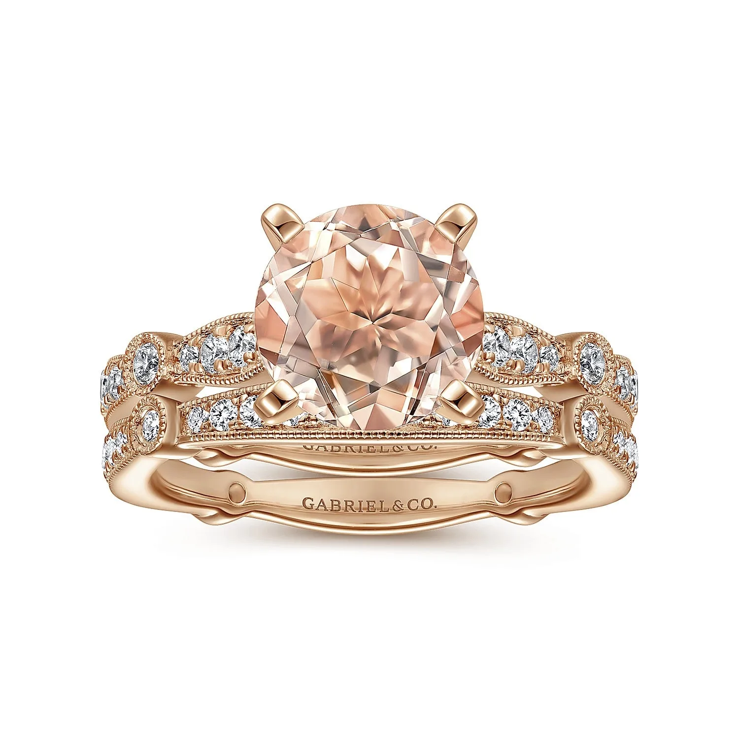 Vintage Inspired Round Morganite and Diamond Engagement Ring in 14K Rose Gold, photograph 4