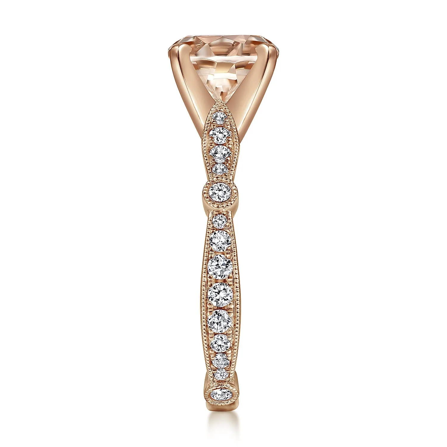 Vintage Inspired Round Morganite and Diamond Engagement Ring in 14K Rose Gold, photograph 5